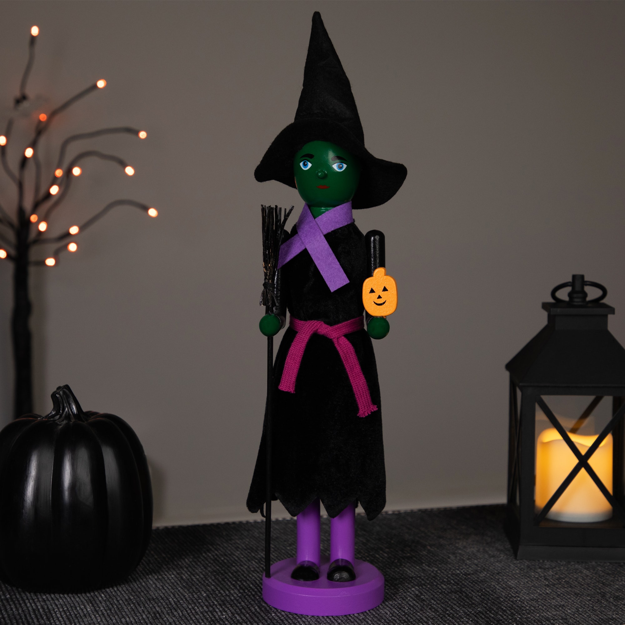 Green Wooden Witch Holding Broom & Jack-O-Lantern Halloween Nutcracker