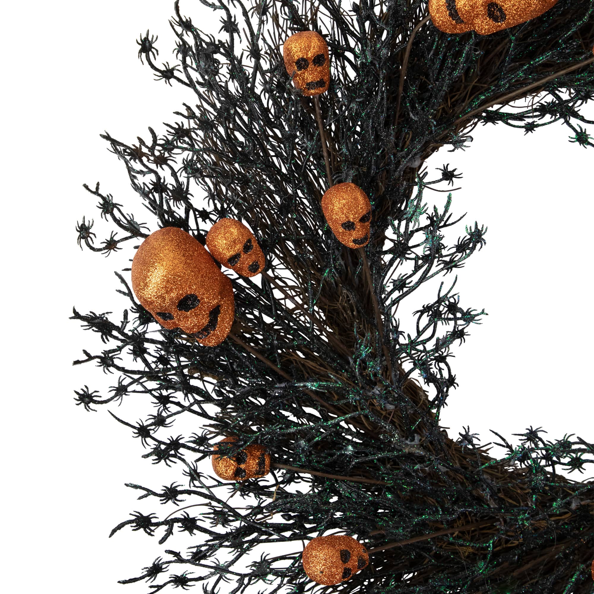 22&#x22; Black &#x26; Orange Skulls and Spiders Halloween Twig Wreath