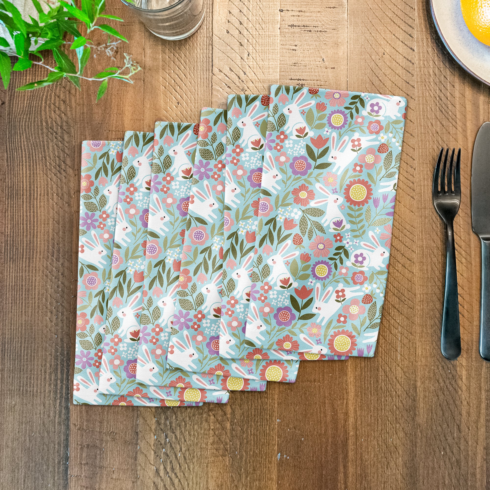 Pastel Bunny Floral Pattern 10" x 10" Cotton Twill Napkin