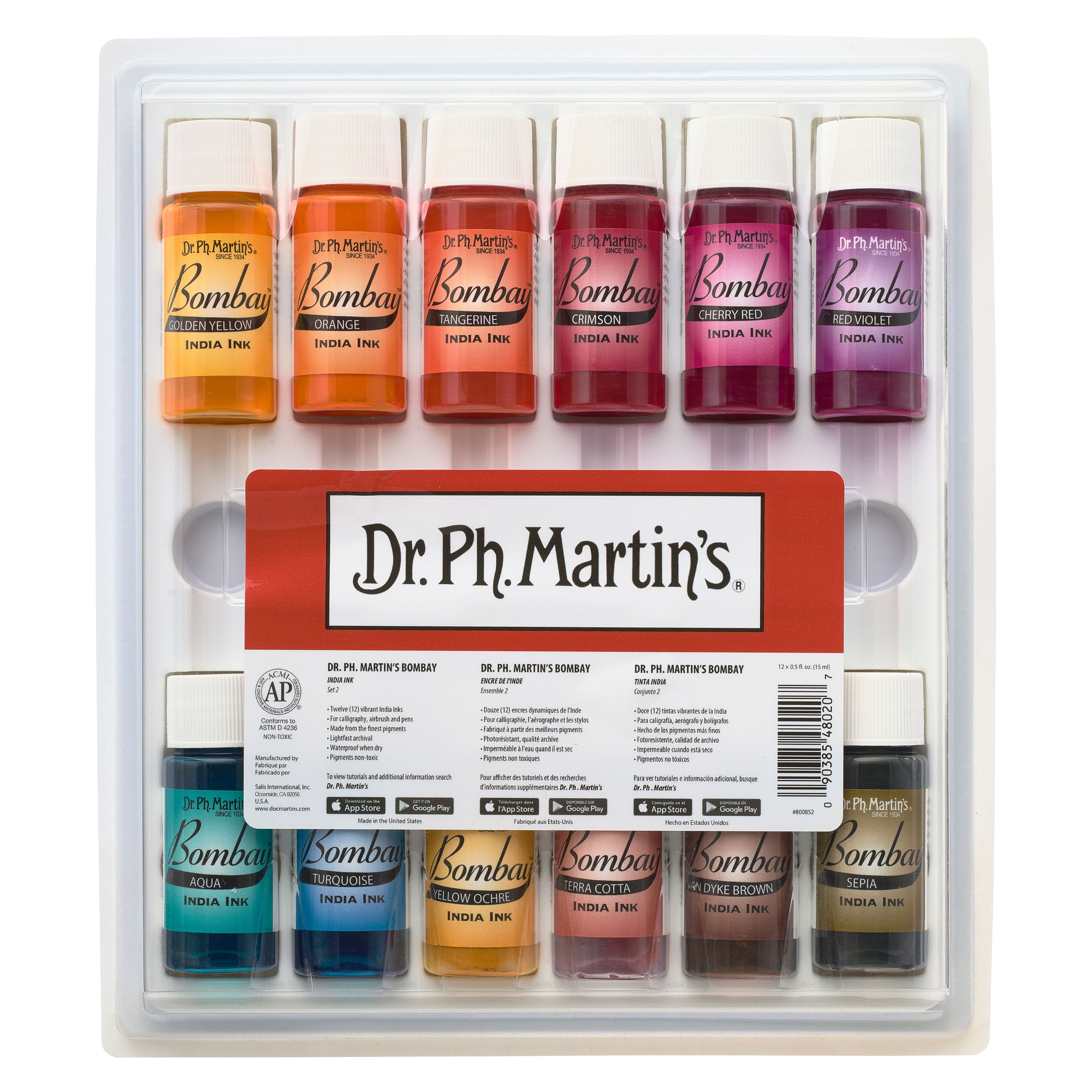 Dr. Ph. Martin's Bombay India Ink (Set 1) Ink Set, 0.5 oz, Set 1 Colors, 1  Set of 12 Bottles 