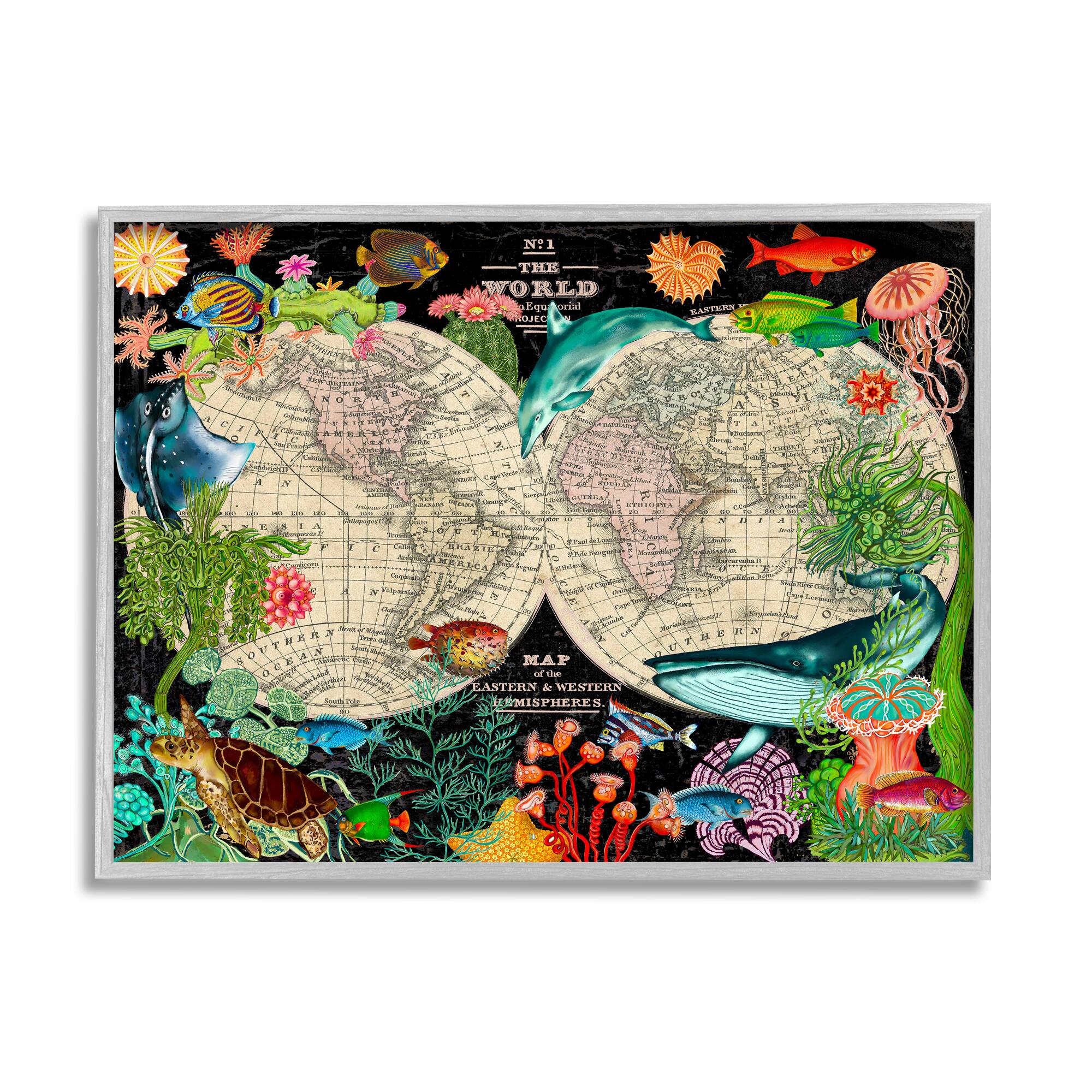 Stupell Industries Vintage World Hemisphere Map Vibrant Marine Animal Illustrations Framed Wall Art