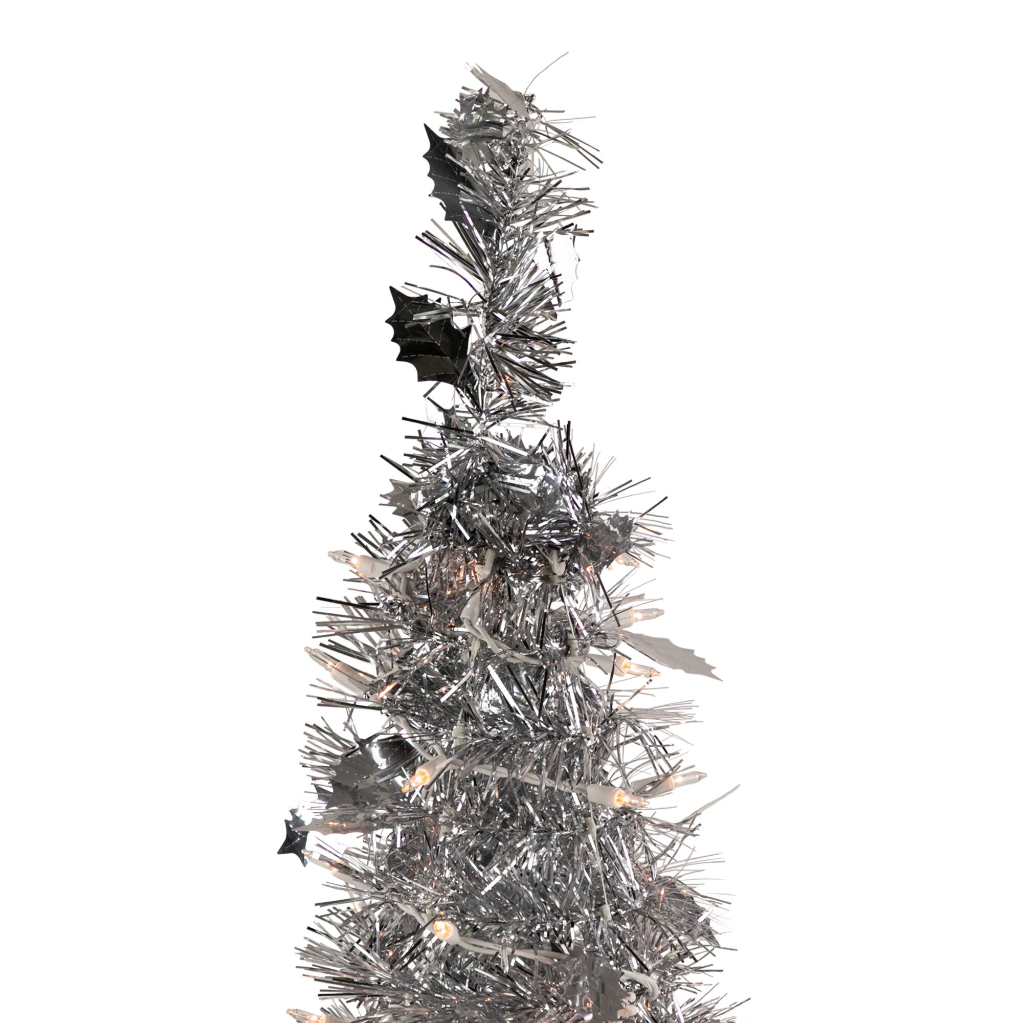 6ft. Pre-Lit Silver Tinsel Pop-Up Artificial Christmas Tree, Clear Lights