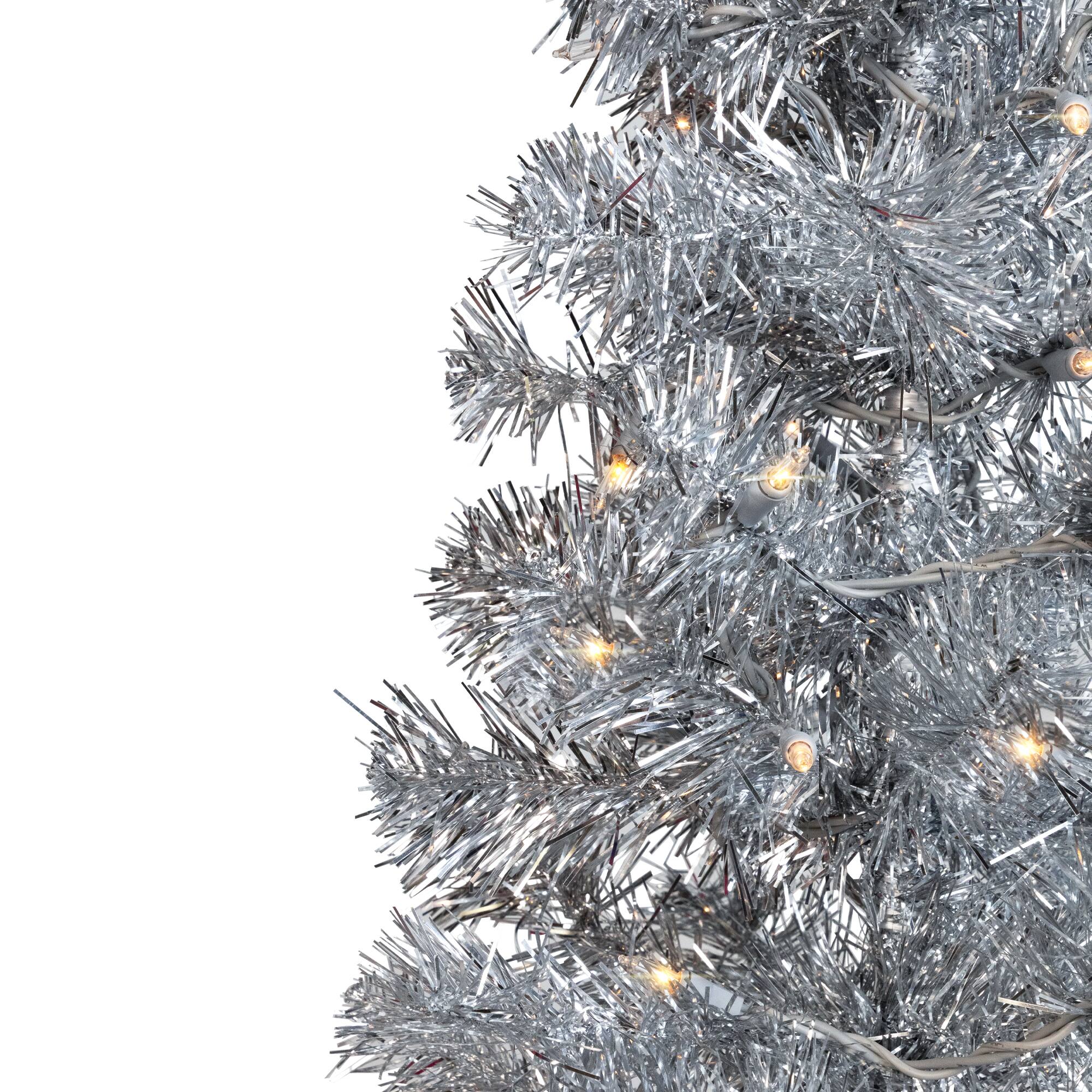 3ft. Pre-Lit Silver Tinsel Artificial Christmas Tree, Clear Lights