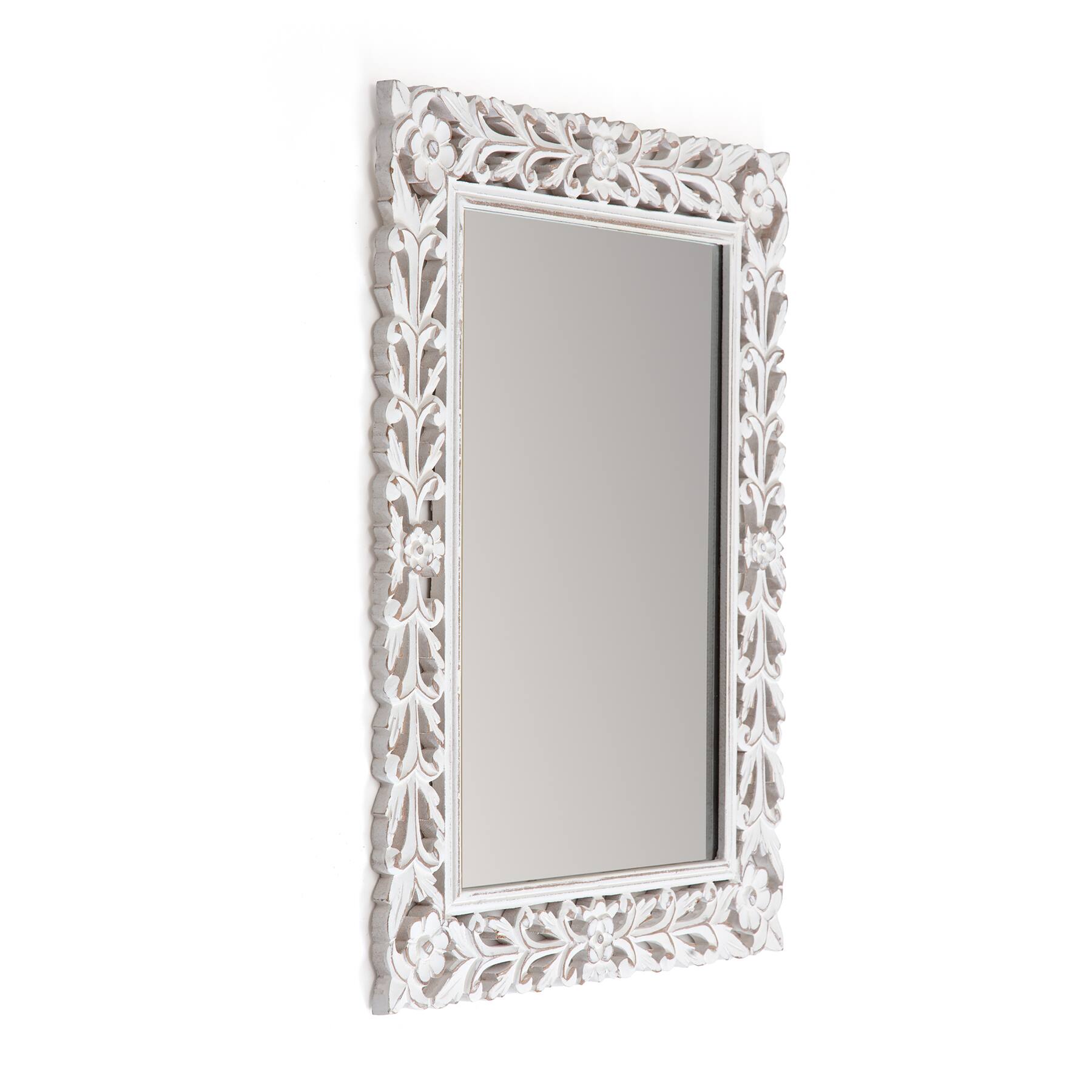 Habitat Calie 24&#x22; Distressed White Mirror with Carved Floral Frame