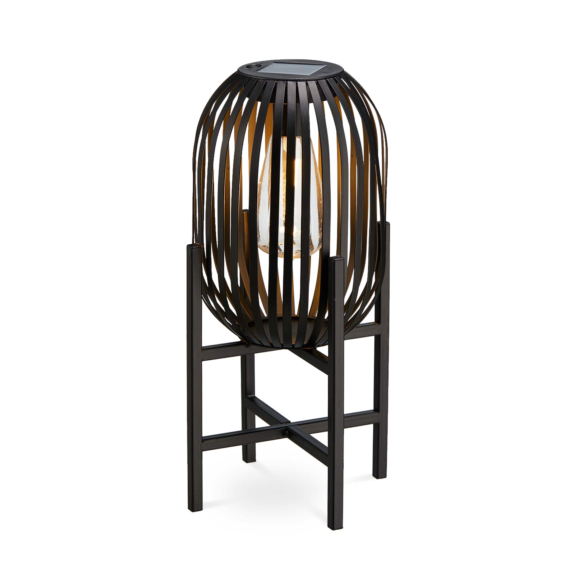 Glitzhome® 14.25" Black Slim Metal Stripes Solar Powered Edison Bulb Outdoor Lantern