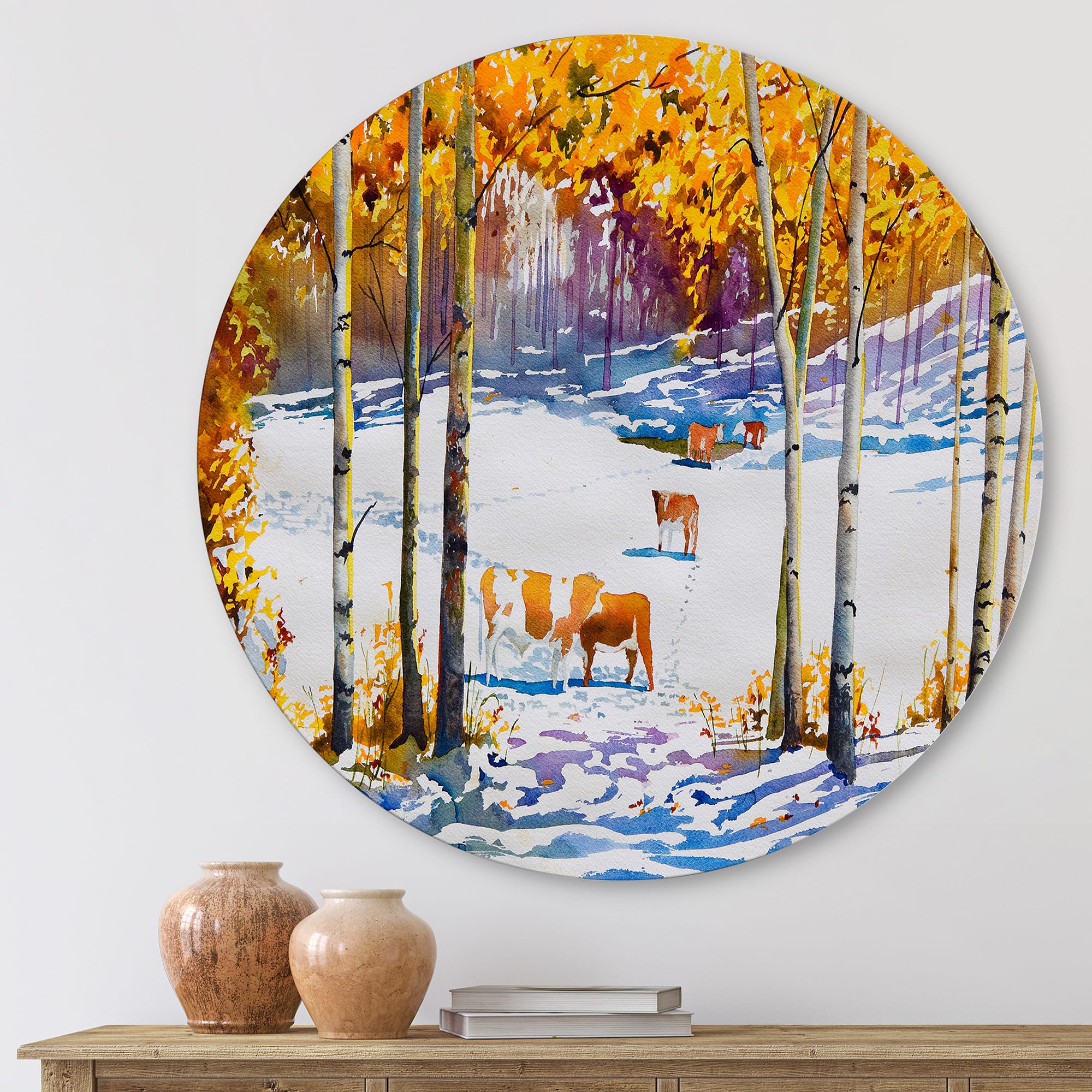 Designart - Cattle In The Early Snow In The Forest - Farmhouse Metal Circle Wall Art
