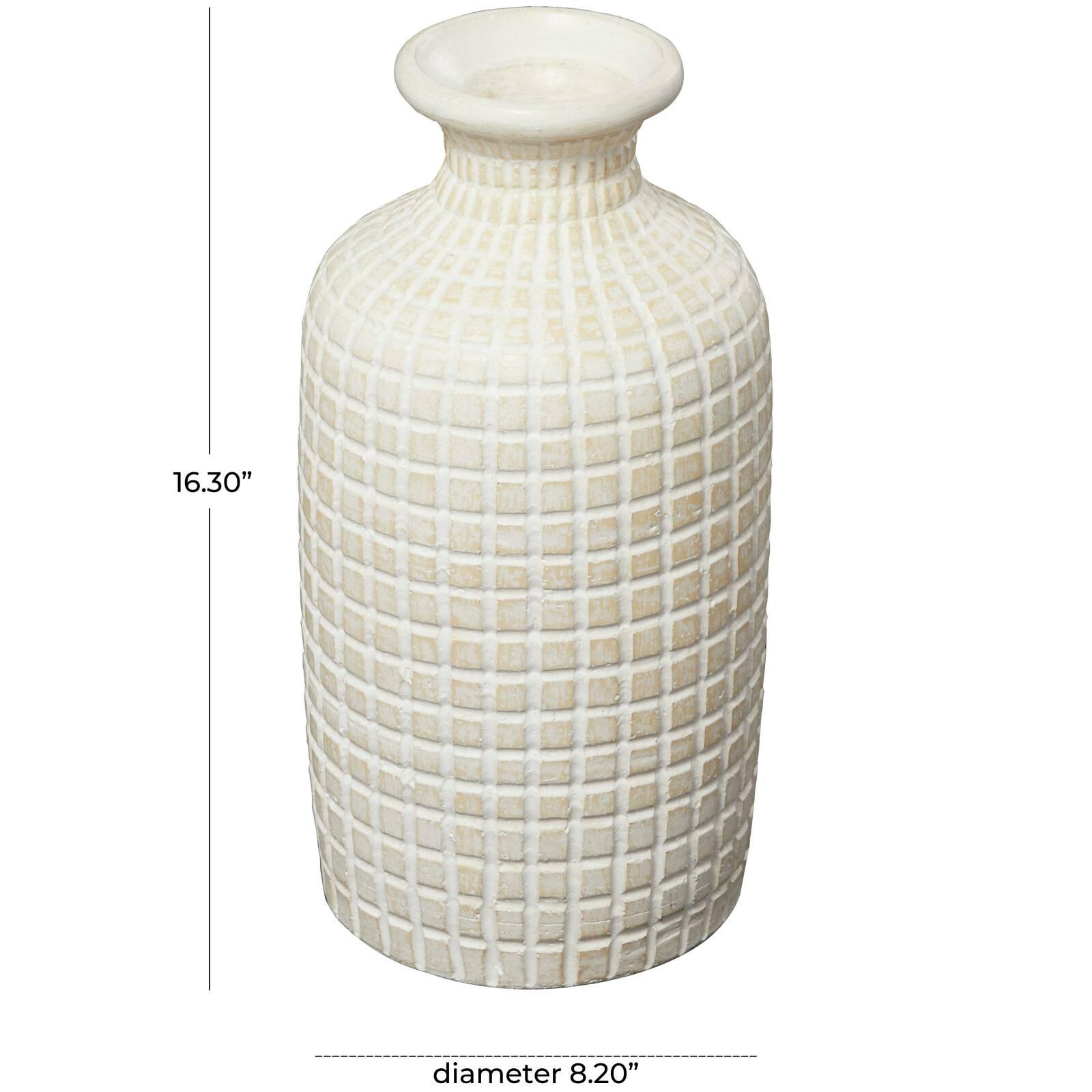 Cream Ceramic Textured Geometric Vase with Checkered Pattern