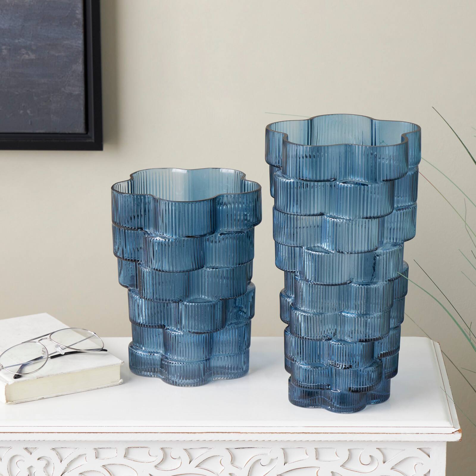 Blue Glass Stacked Flower Shape Vase, 2ct.