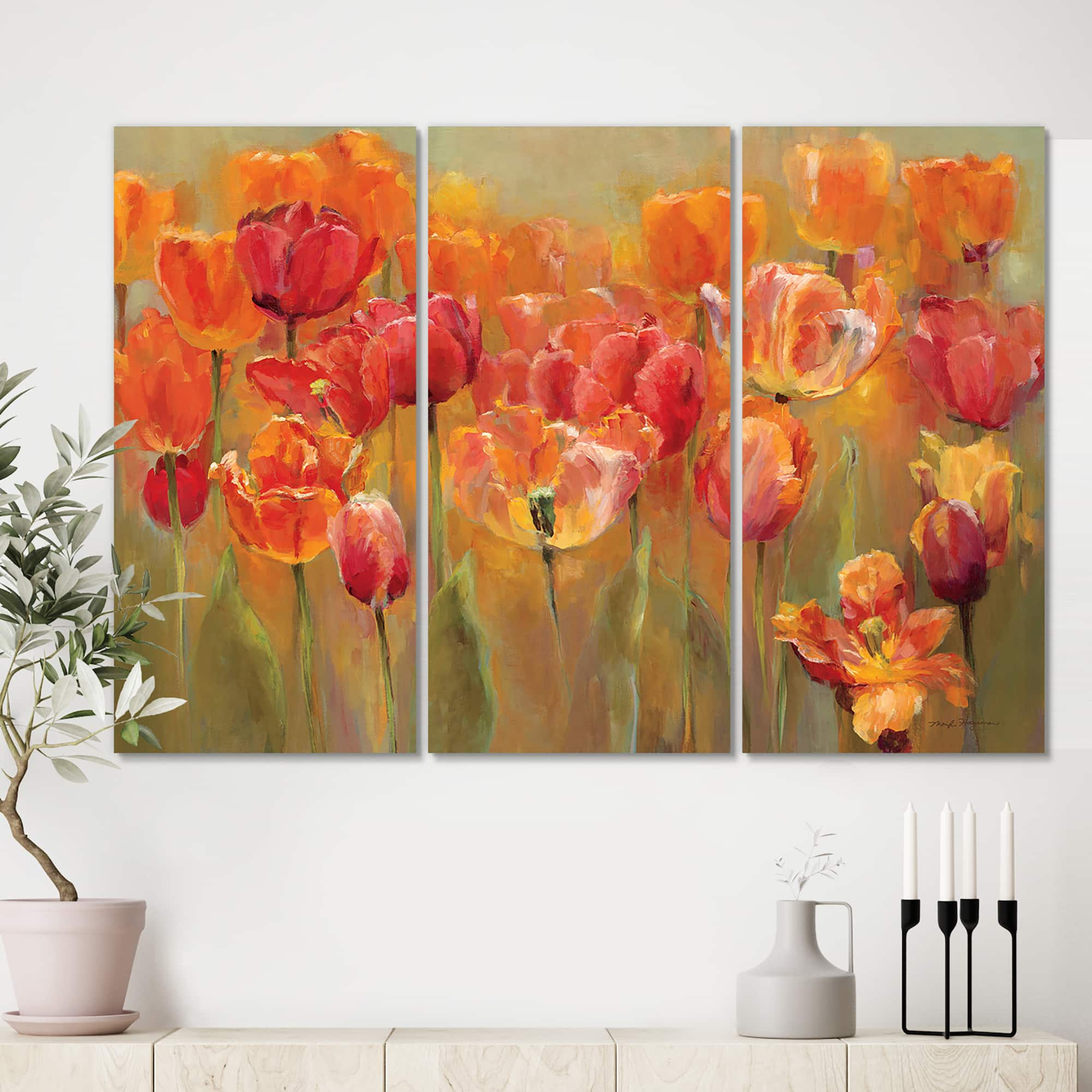 Designart - Red Handpainted Tulips - Traditional Gallery-wrapped Canvas