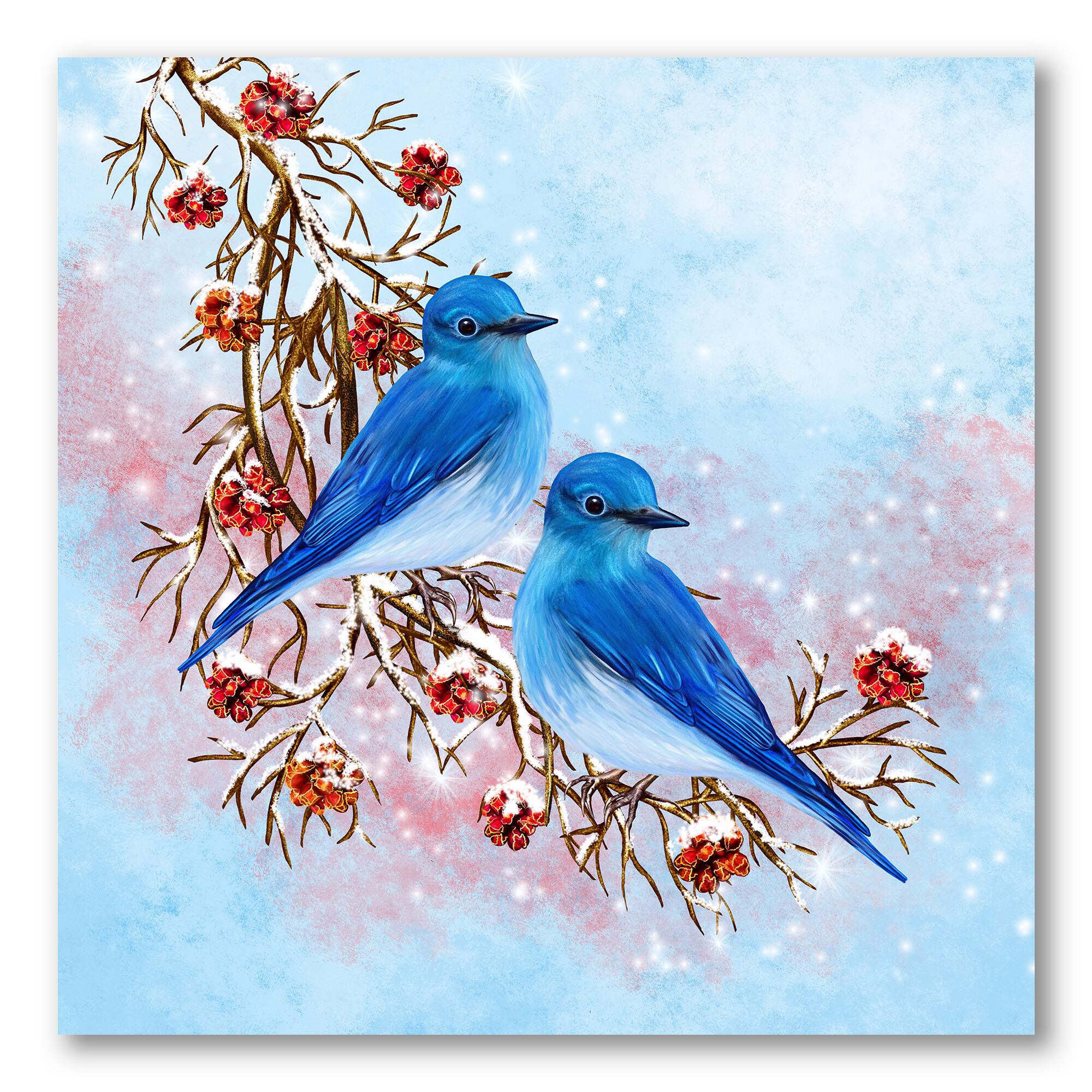 Designart - Two Blue Birds Sitting On A Branch With Berries - Traditional Canvas Wall Art Print