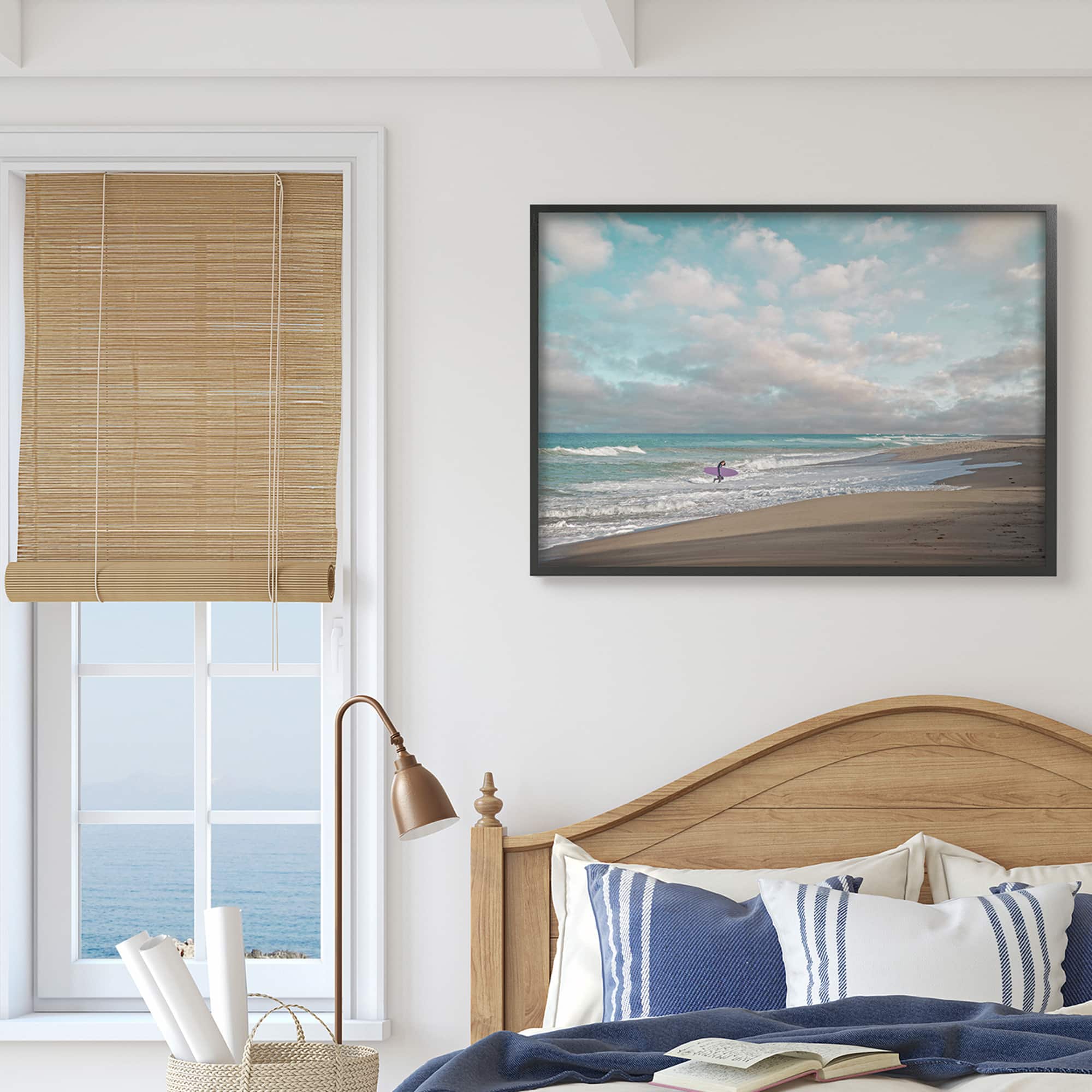 Stupell Industries Crashing Waves on Beach Surfer Purple Board in Black Frame Wall Art