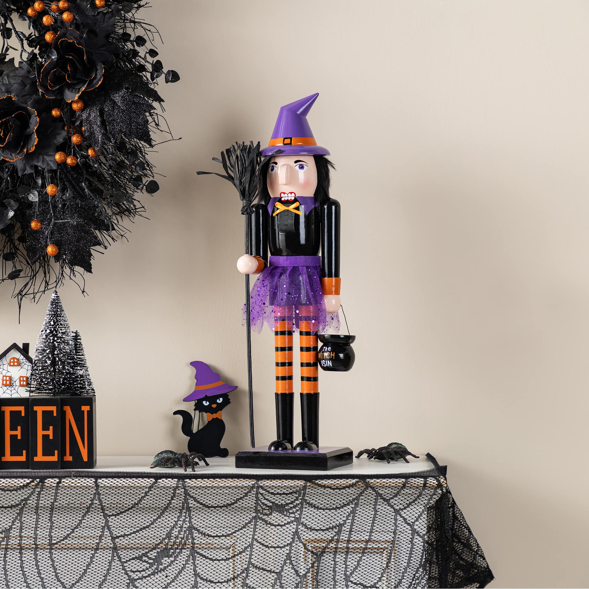 Glitzhome&#xAE; 18.5&#x22;H Halloween Wooden Witch Nutcracker with Witch Cat Ornament