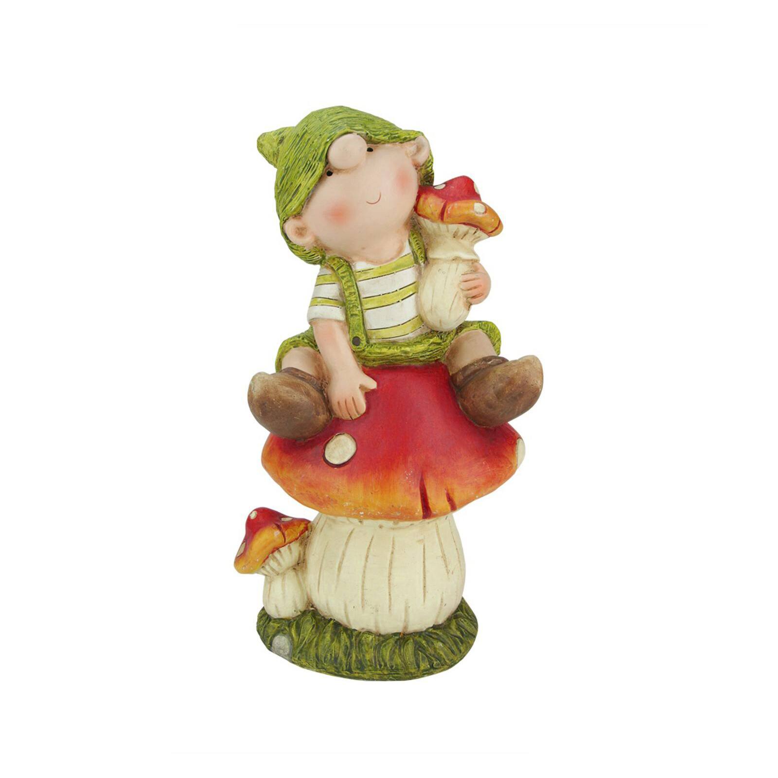 11" Young Boy Gnome Sitting on a Mushroom Spring Outdoor Garden Figure