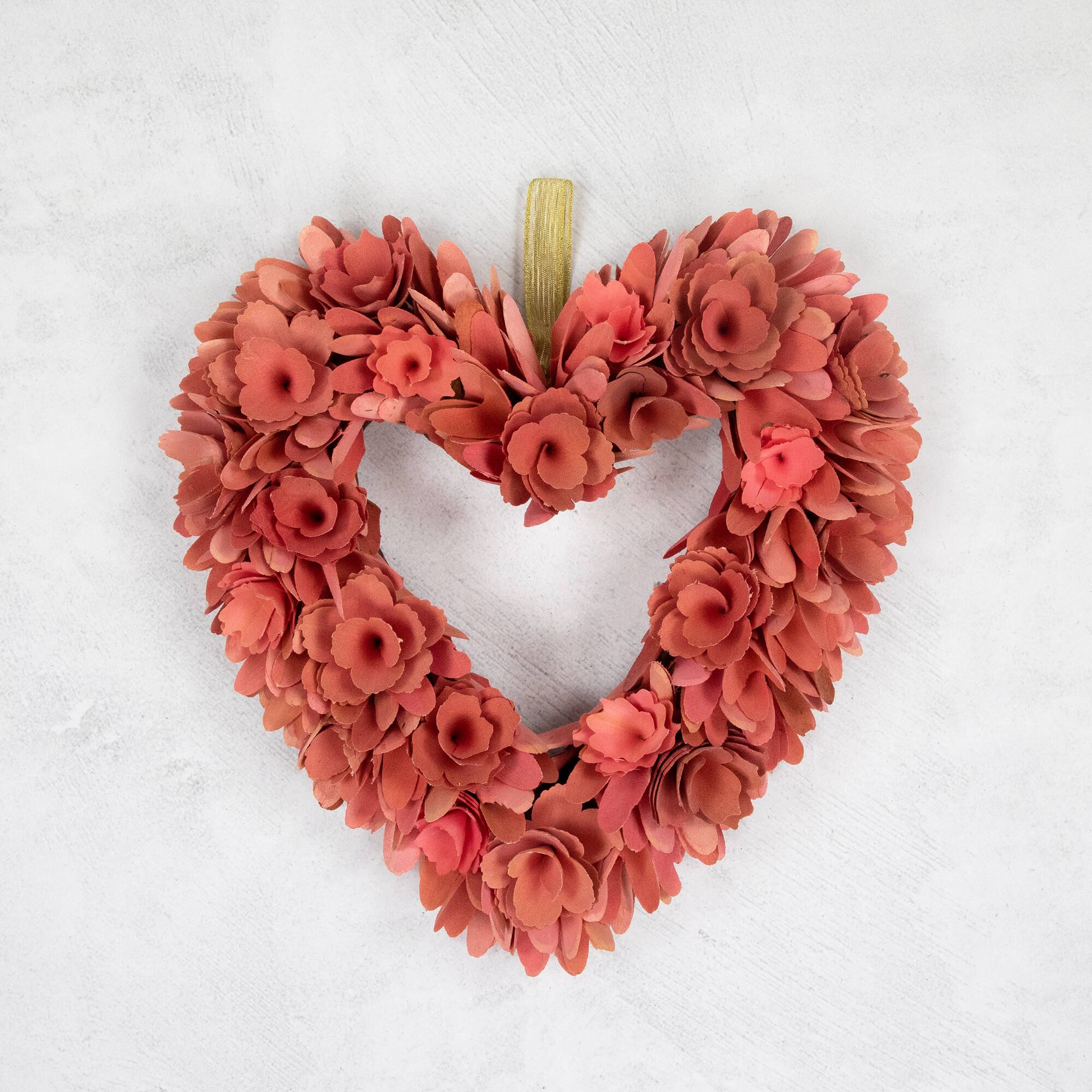 14&#x22; Salmon Pink Valentine&#x27;s Day Wooden Floral Heart Wreath