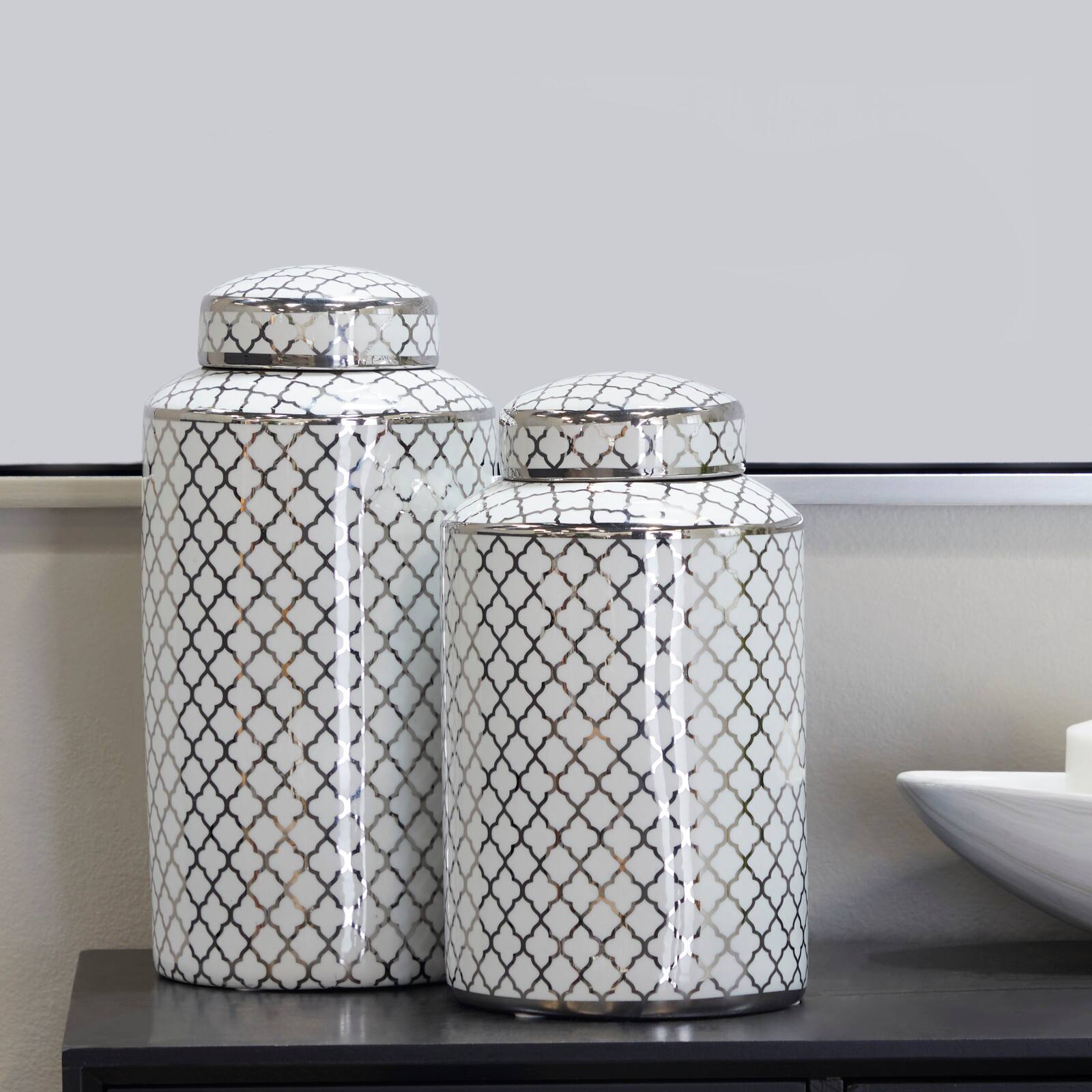 Silver & White Ceramic Geometric Decorative Jars Set