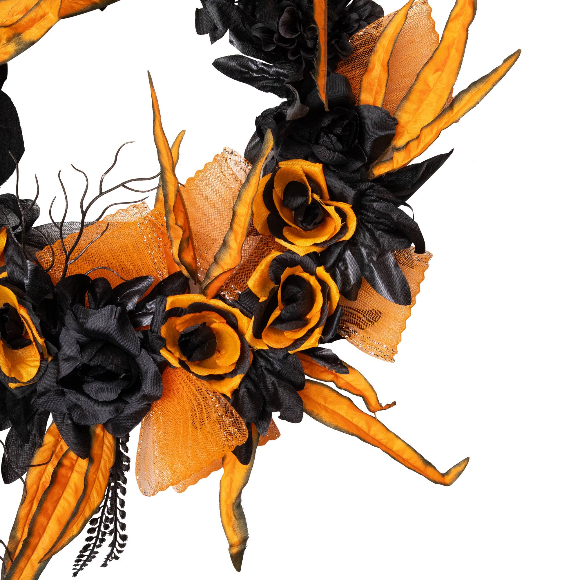 14" Skull with Black & Orange Roses Halloween Wreath