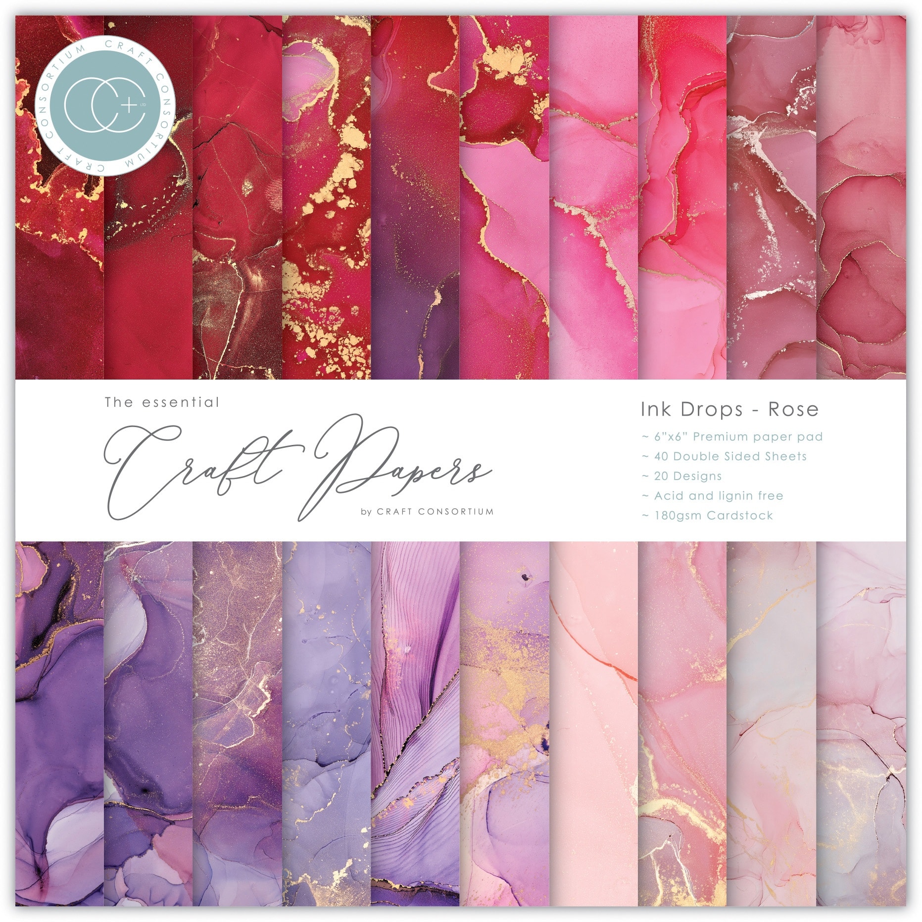 Craft Consortium Double-Sided Paper Pad 6" x 6" 40 ct. Ink Drops - Rose, 20 Designs