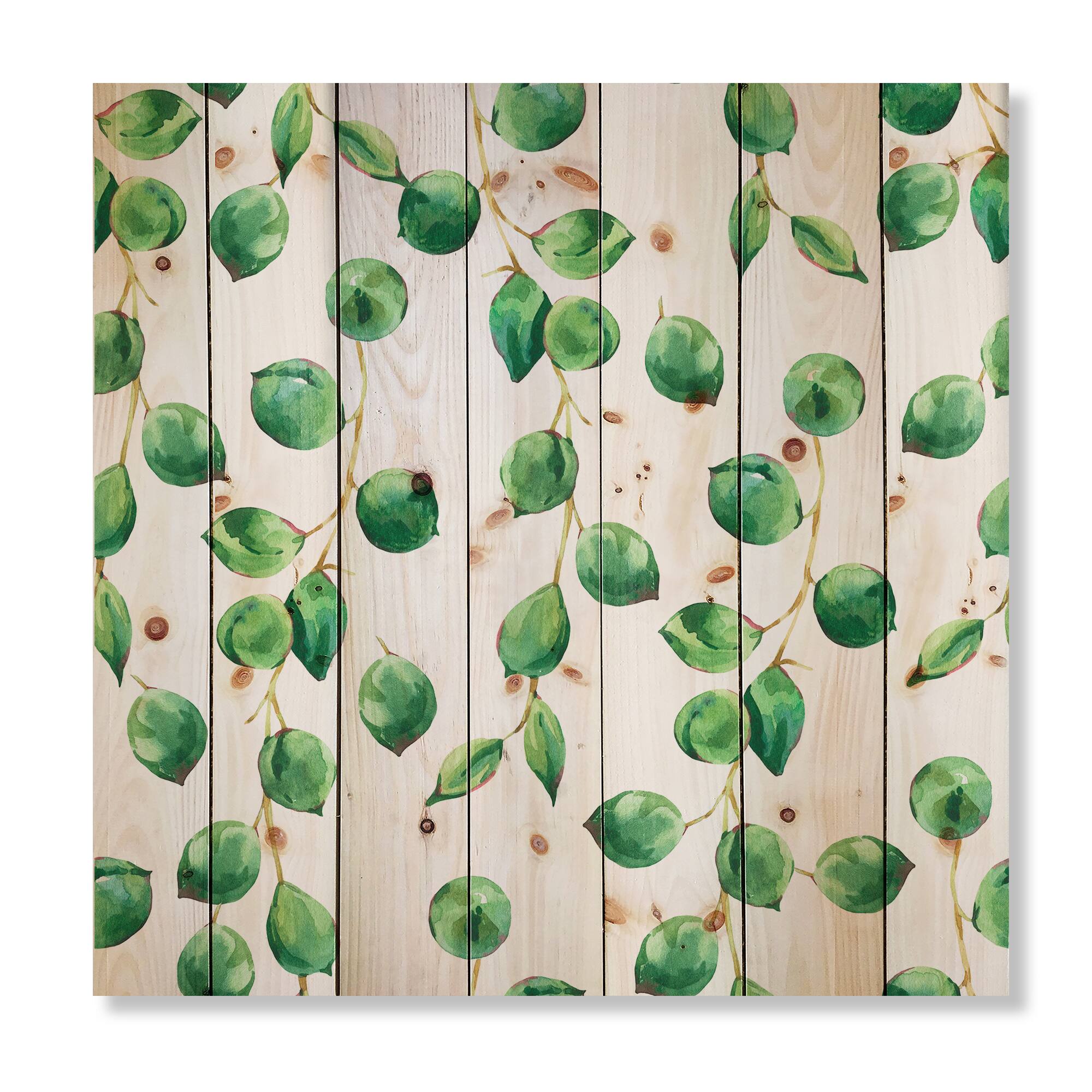 Designart - Tropical Green Leaves Patern - Tropical Print on Natural Pine Wood