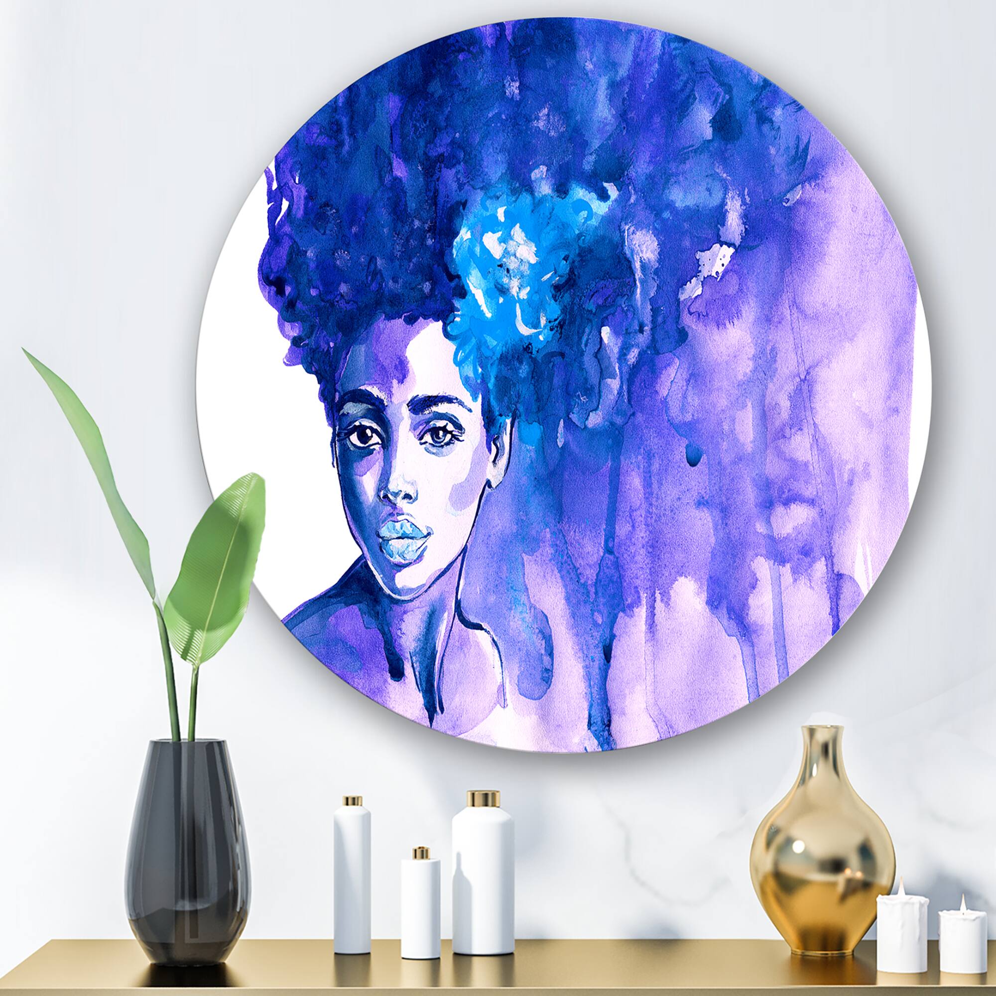 Designart - Glorious Blue Portrait of African American Woman - Modern Metal Circle Wall Art