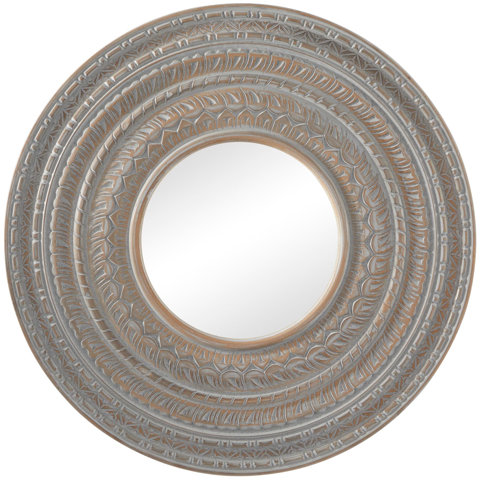 Gray Wood Carved Tribal Wall Mirror 36" x 2" x 36"