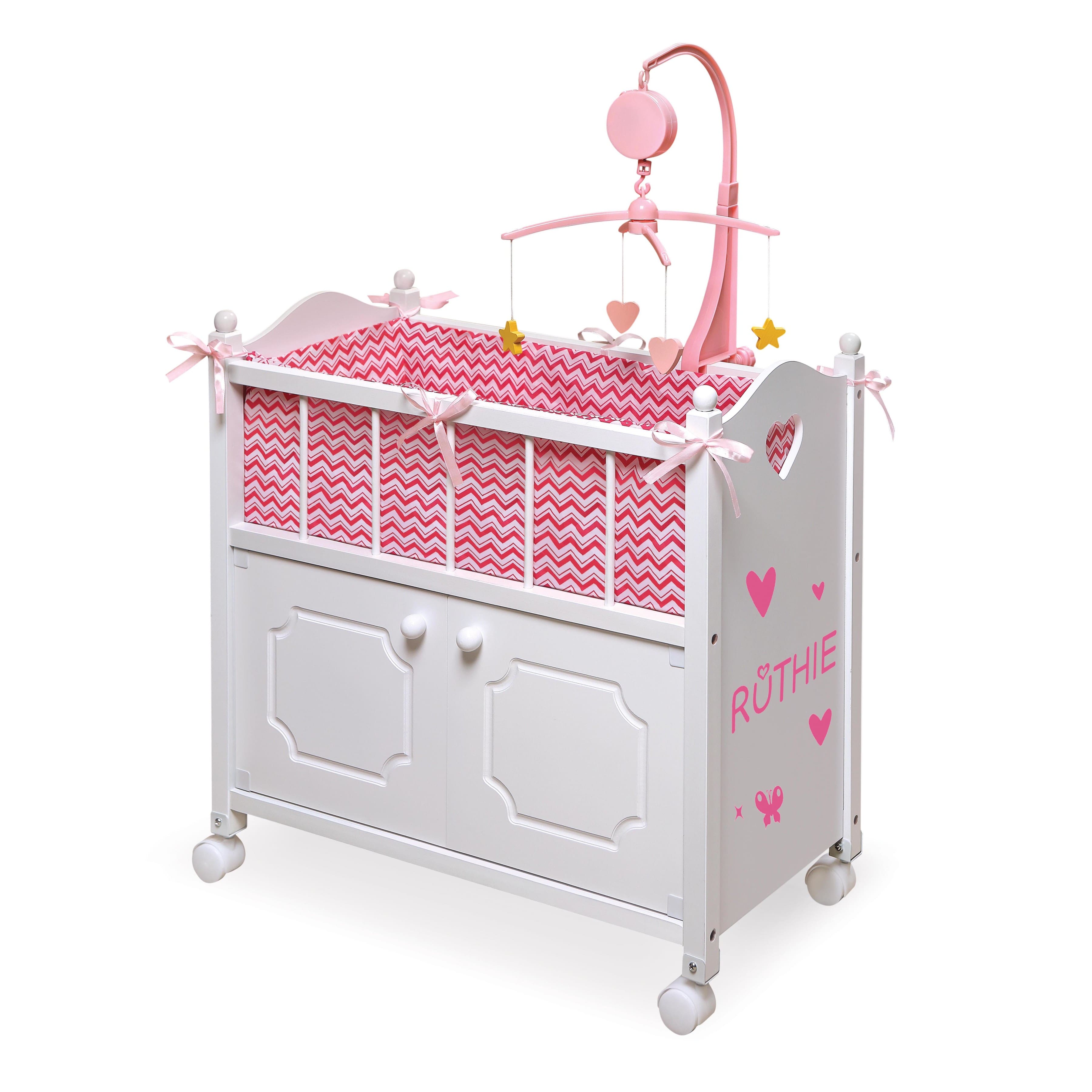 Badger Basket White Cabinet Doll Crib with Pink &#x26; White Chevron Bedding