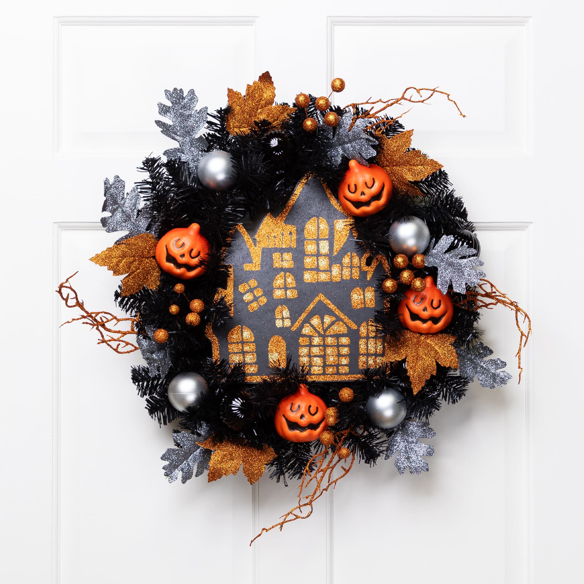 24'' Unlit Orange and Black Haunted House Halloween Wreath