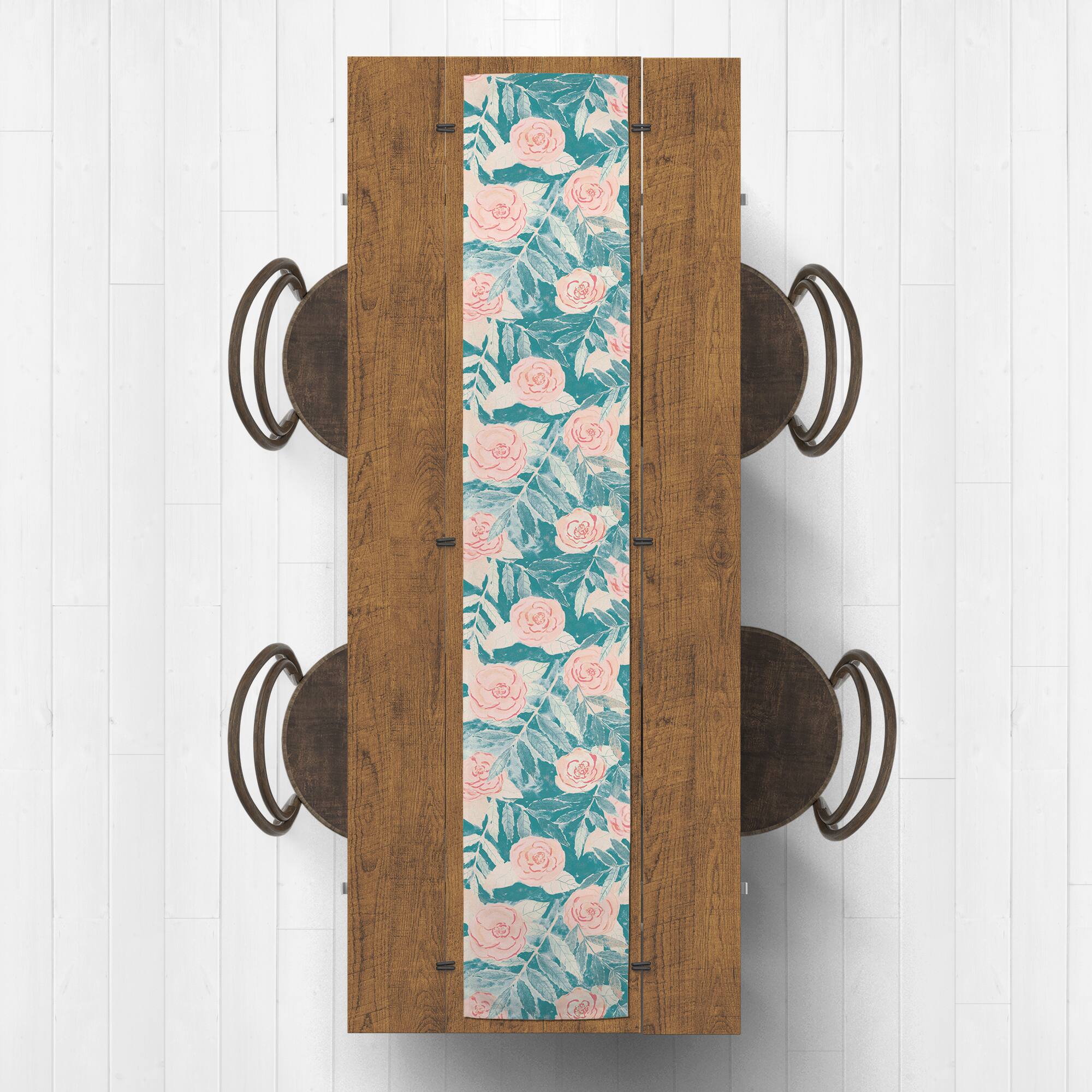 Teal And Pink Flowers Indoor/Outdoor Table Runner