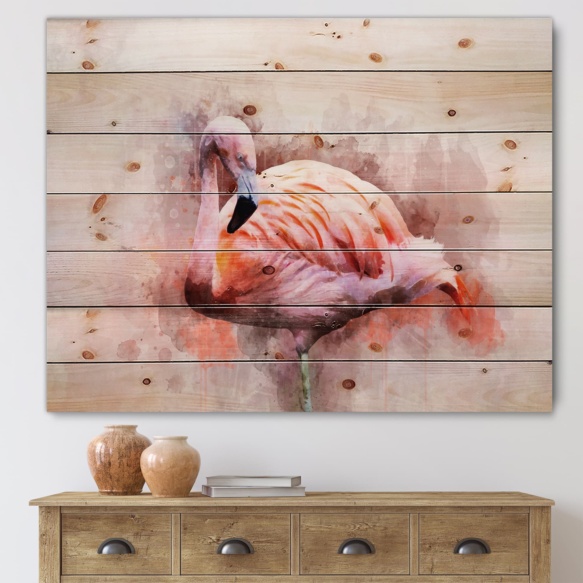 Designart - Portrait of Pink Flamingo III - Farmhouse Print on Natural Pine Wood