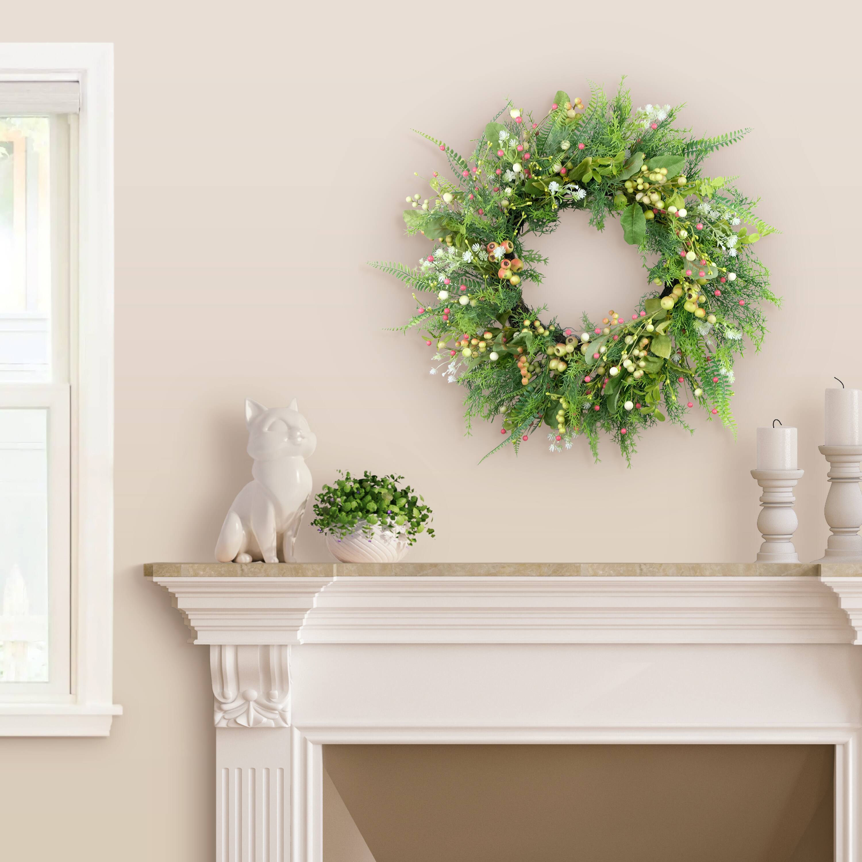 26&#x22; Artificial Fern &#x26; Berry Spring Wreath
