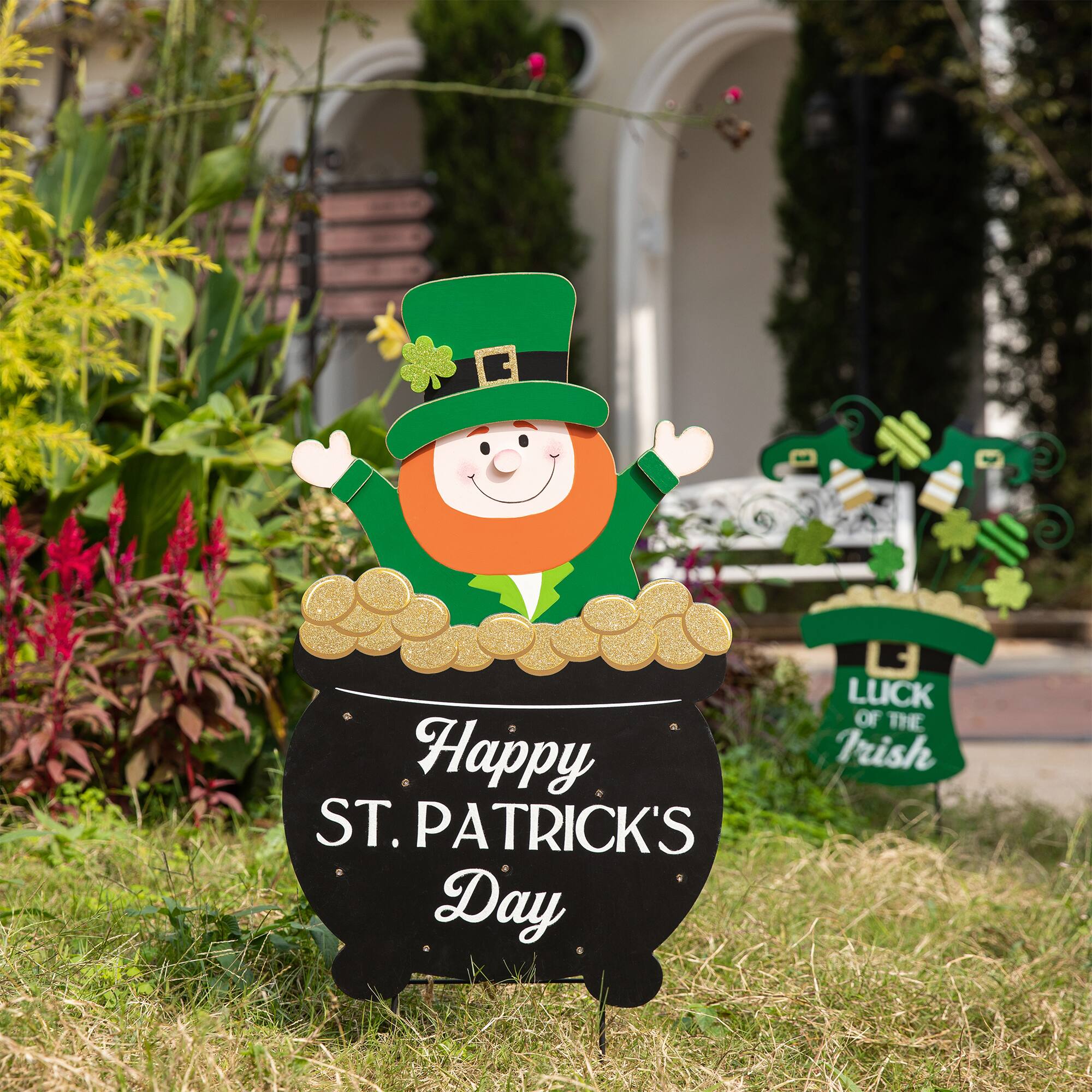 Glitzhome® 24" Lighted St. Patrick's Wooden Leprechaun Pot of Gold Décor