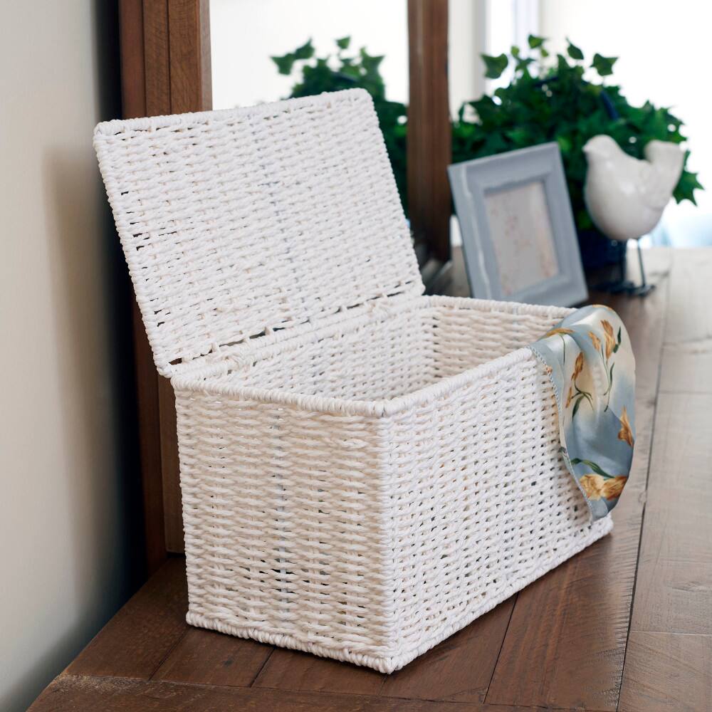 Household Essentials Small White Wicker Basket with Lid