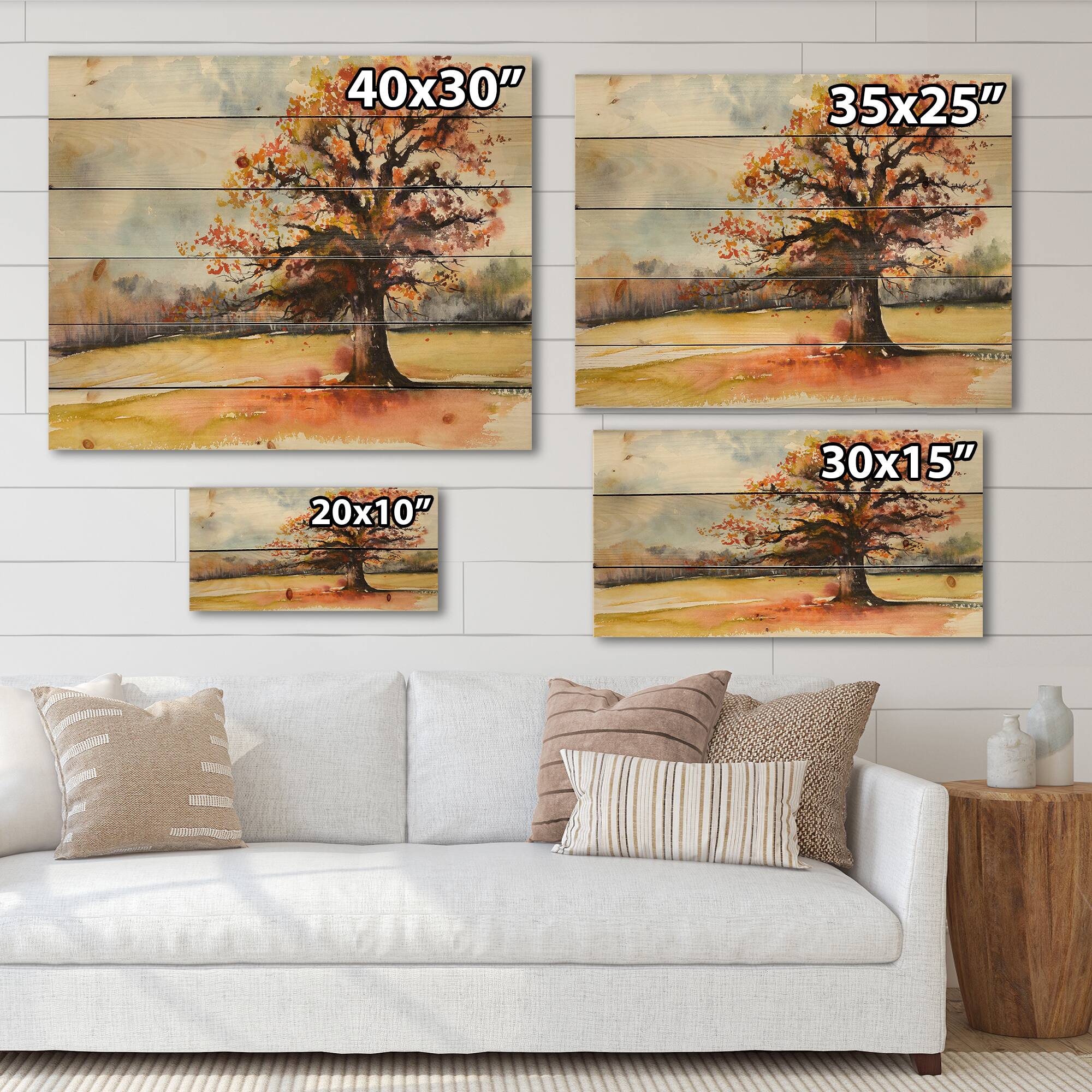 Designart - Lone Oak In The Fields With Autum Leaves - Traditional Print on Natural Pine Wood