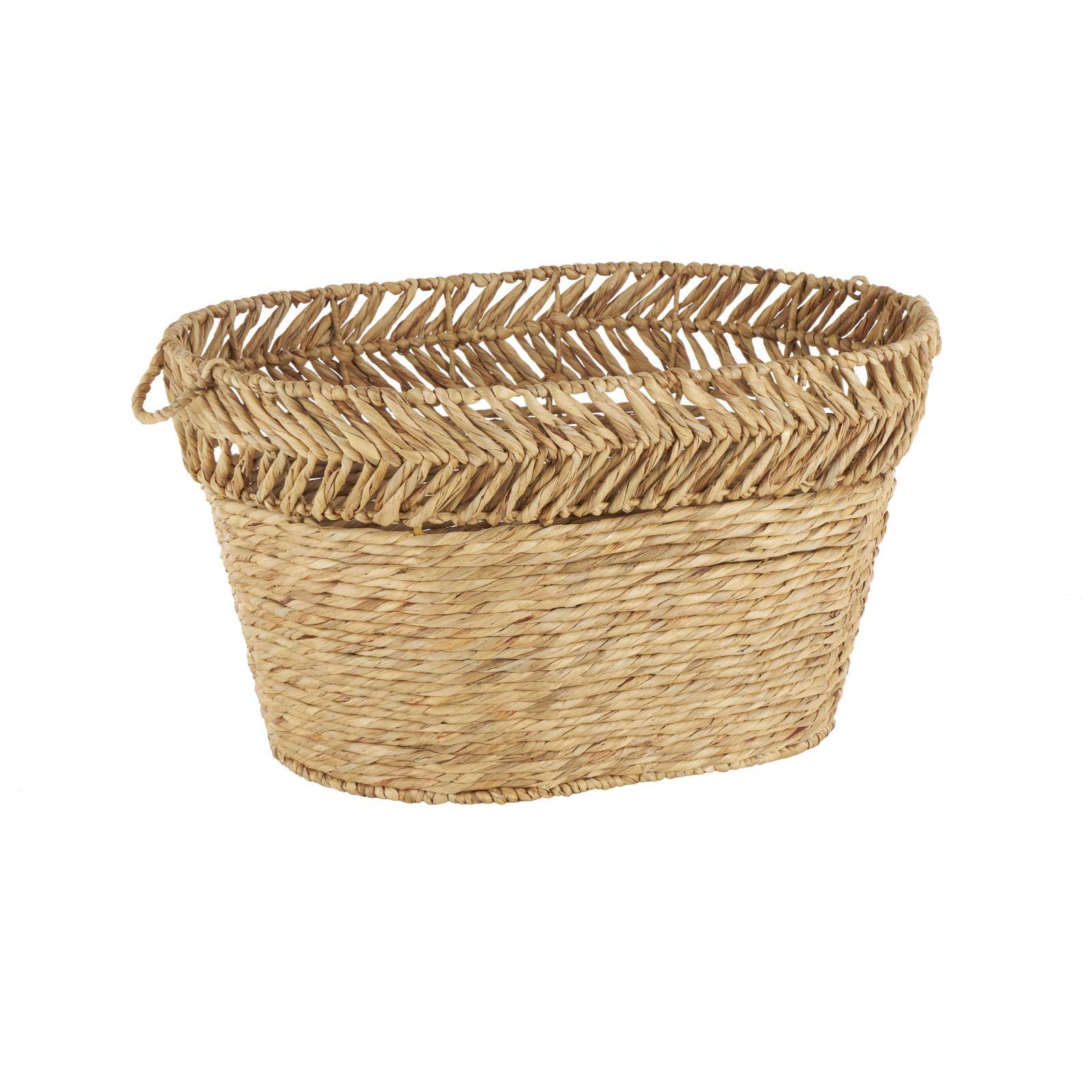 30" Brown Seagrass Handmade Woven Oval Storage Basket with Zig Zag Patterned Rim