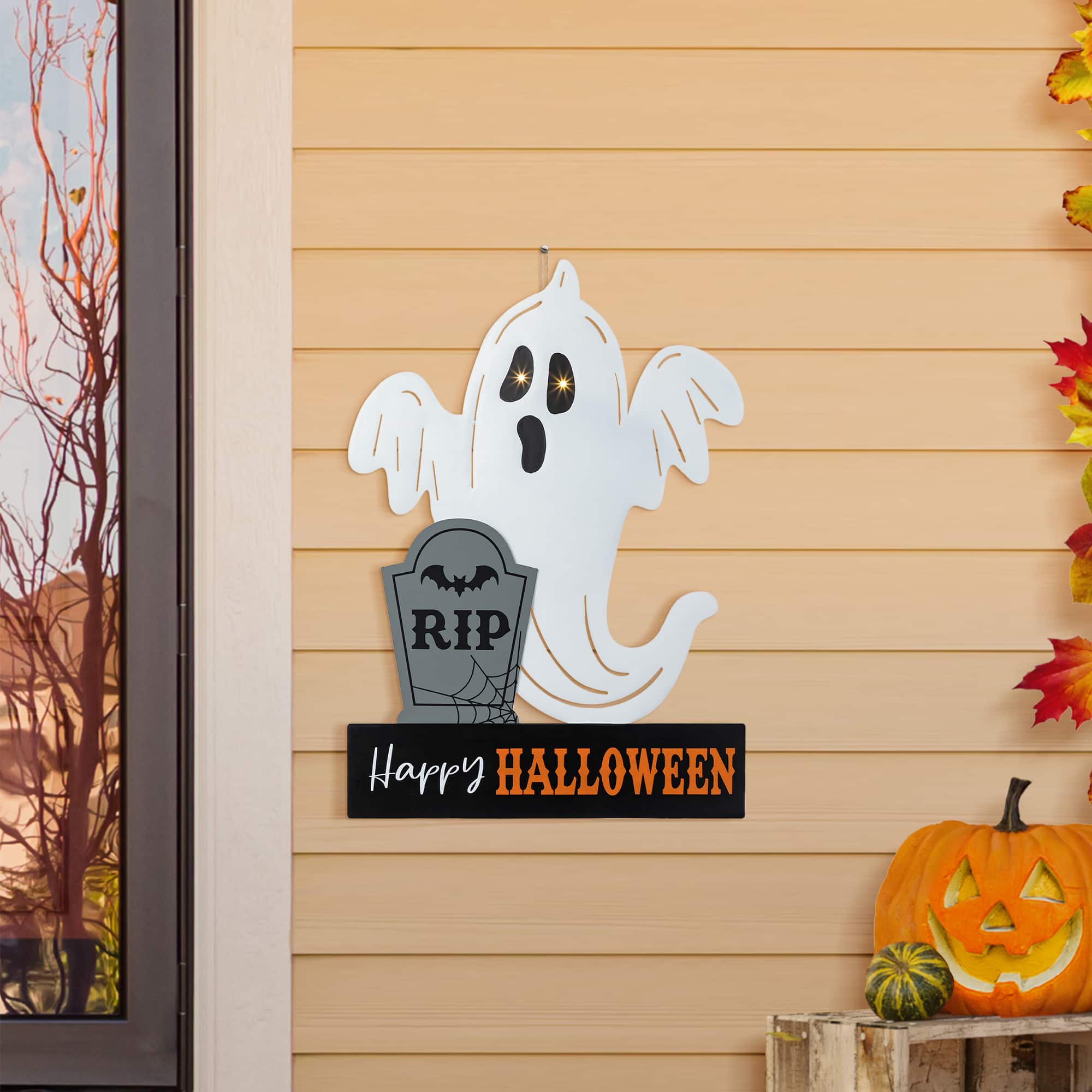Glitzhome&#xAE; 32.25&#x22;H Lighted Halloween Metal Ghost Tombstone Yard Stake with Timer