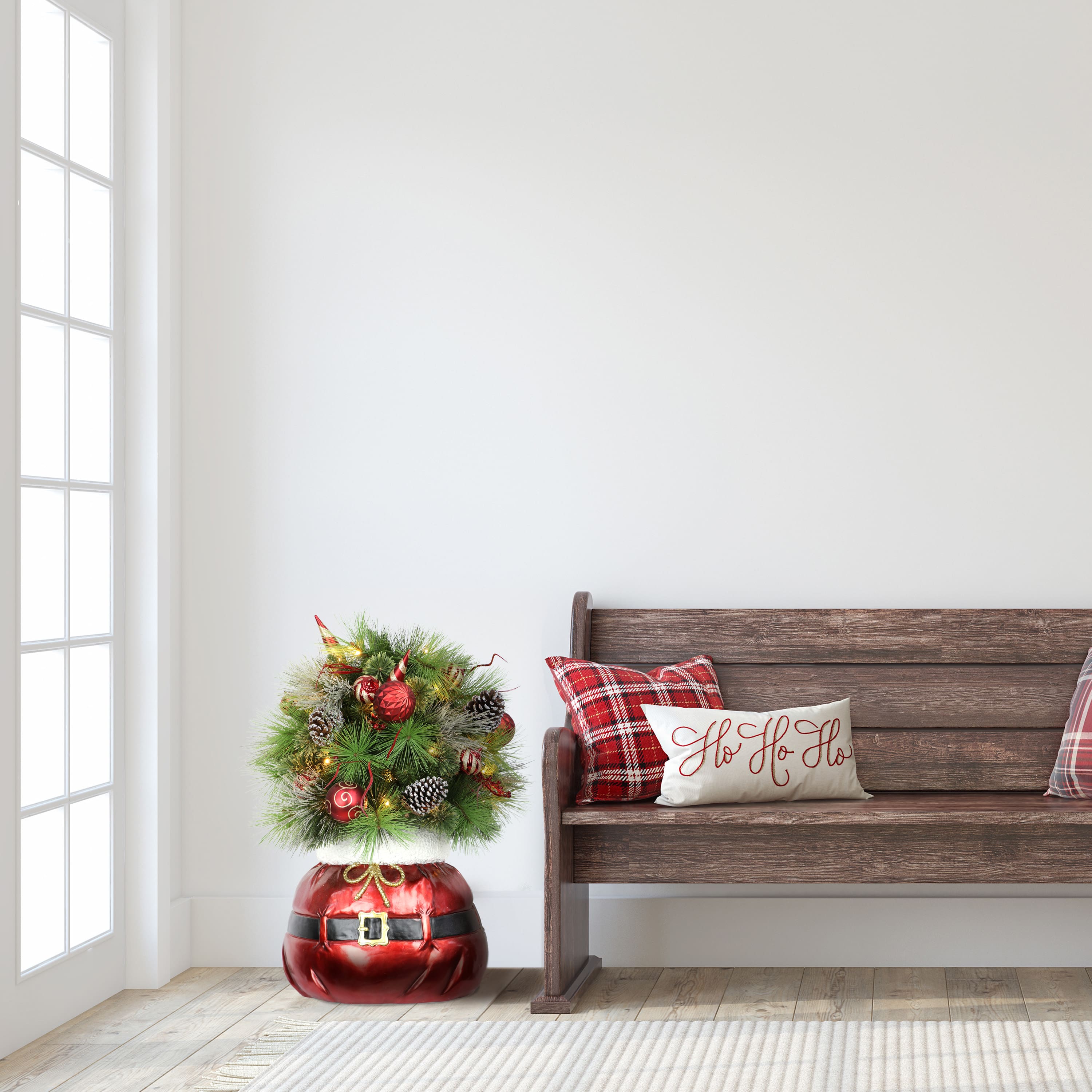 2.5ft. Pre-Lit Decorated Artificial Christmas Bush in Santa Bag Planter