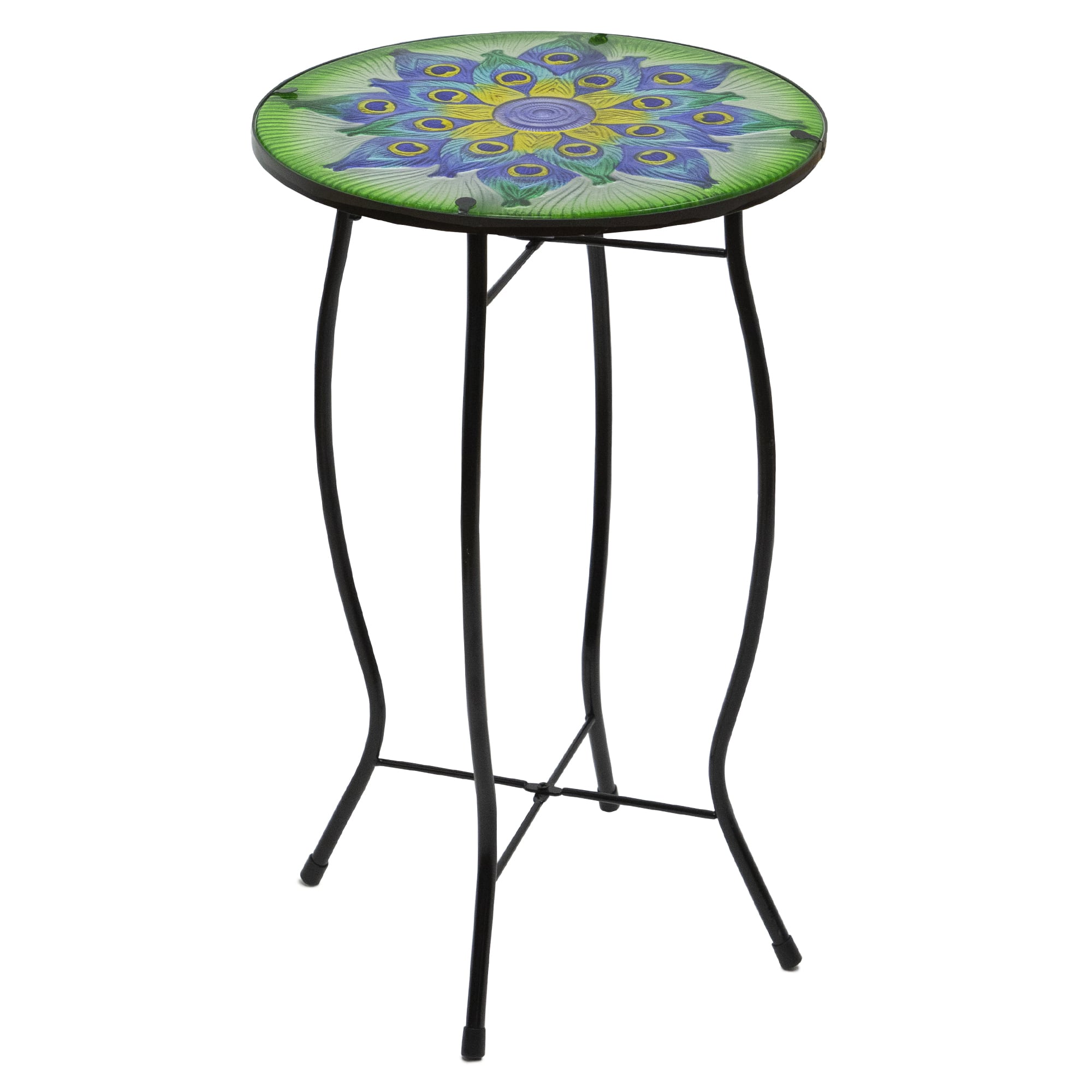 19&#x22; Green &#x26; Blue Peacock Flower Tail Glass Patio Side Table