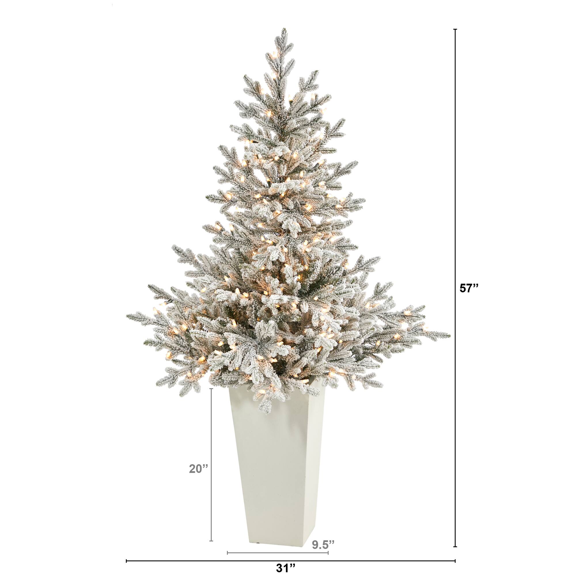 4.75ft. Pre-Lit Flocked Fraser Fir Artificial Christmas Tree in Tower Planter, Warm White Lights