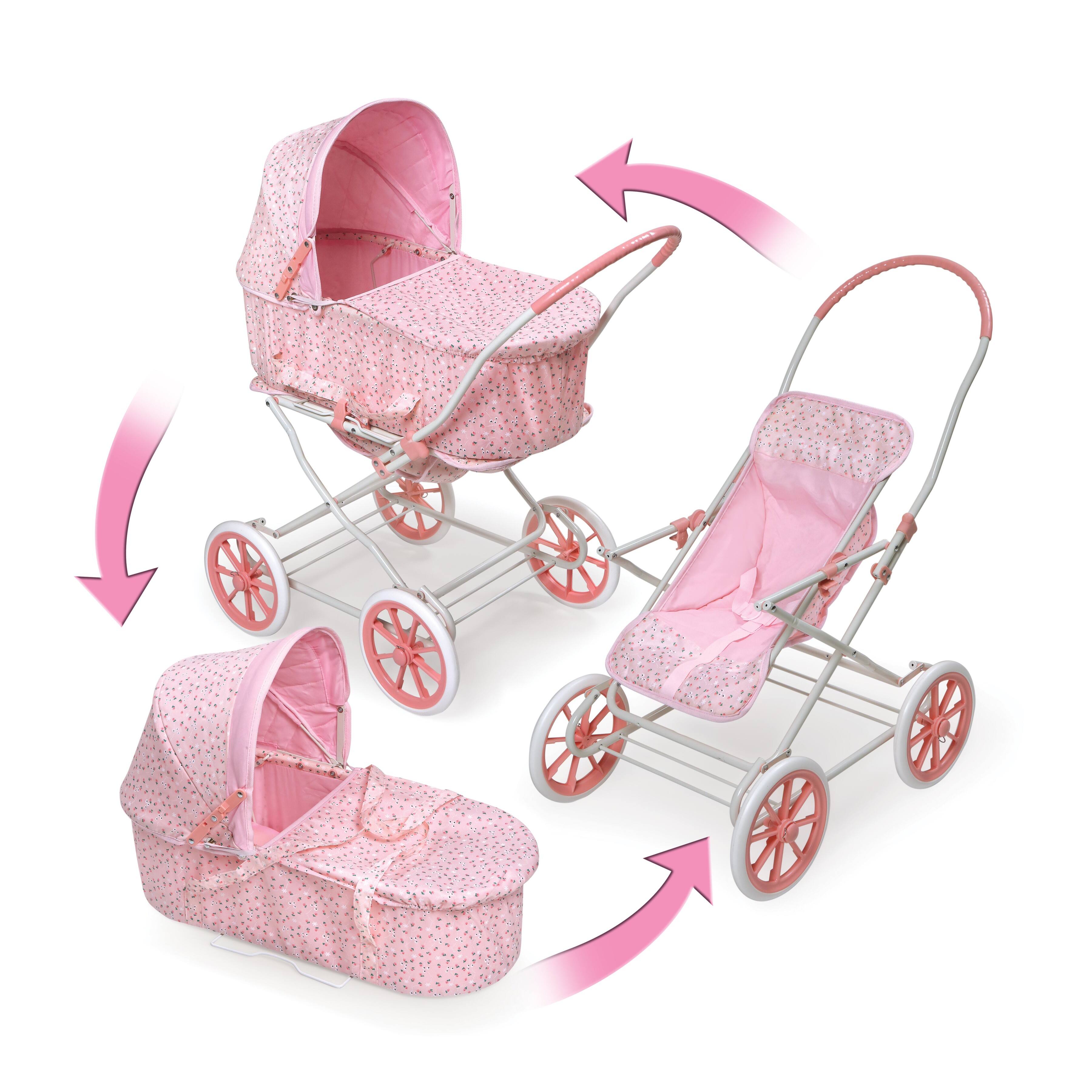 Badger Basket Pink Rosebud Just Like Mommy 3-in-1 Doll Pram, Carrier & Stroller