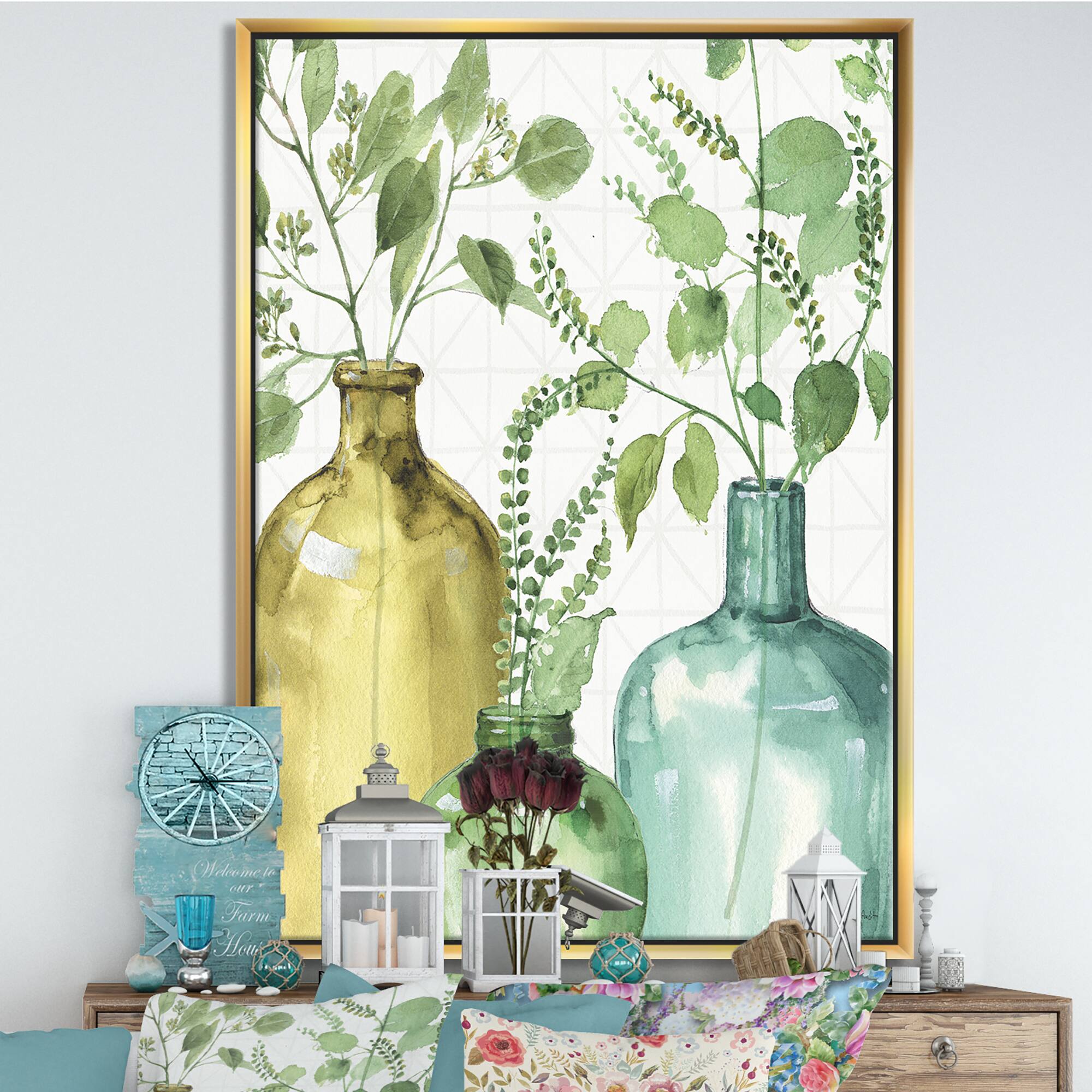 Designart - Mixed Botanical Green Leaves IX - Cottage Canvas in Gold Frame