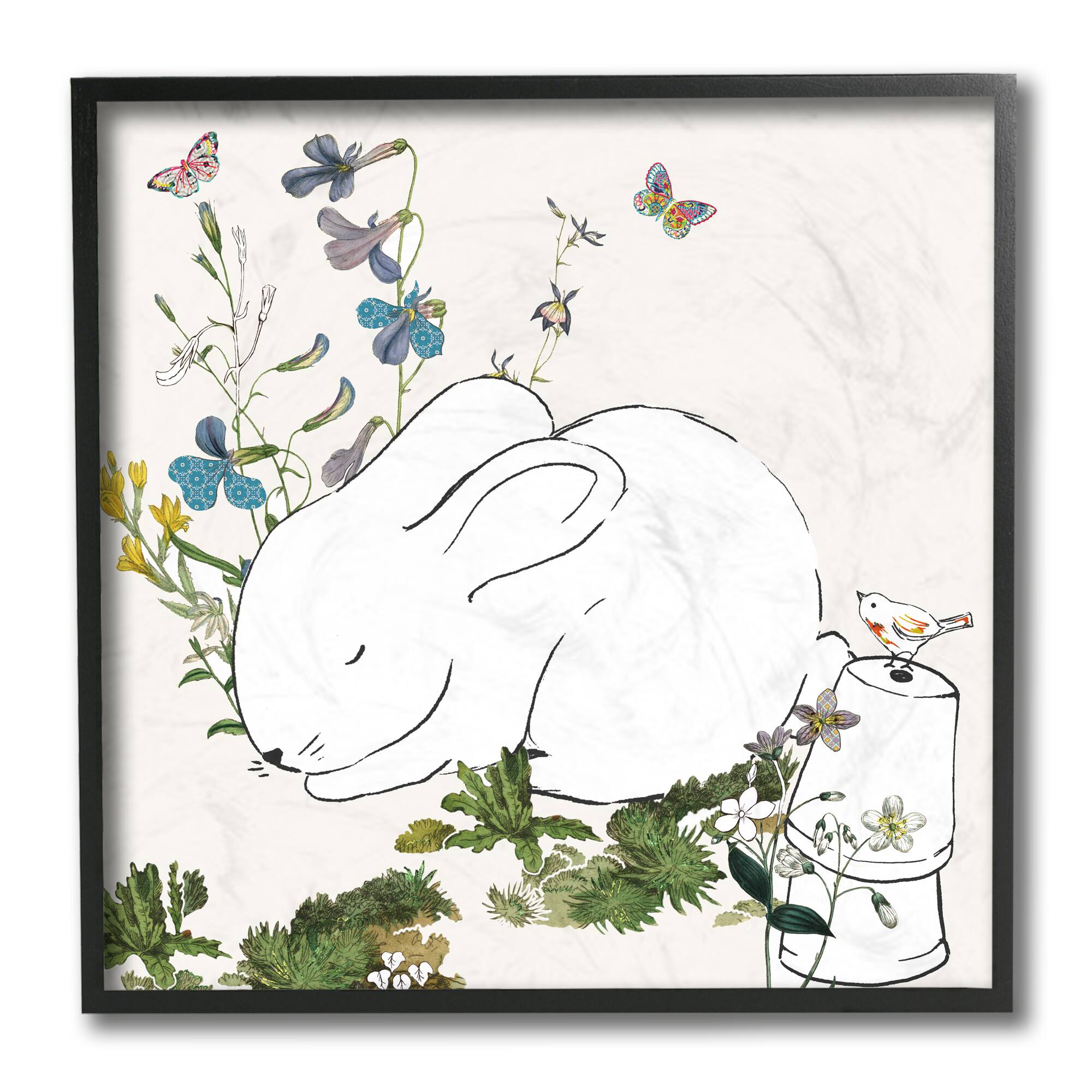 Stupell Industries Sleeping Bunny in Butterfly Garden Wall Art in Black Frame