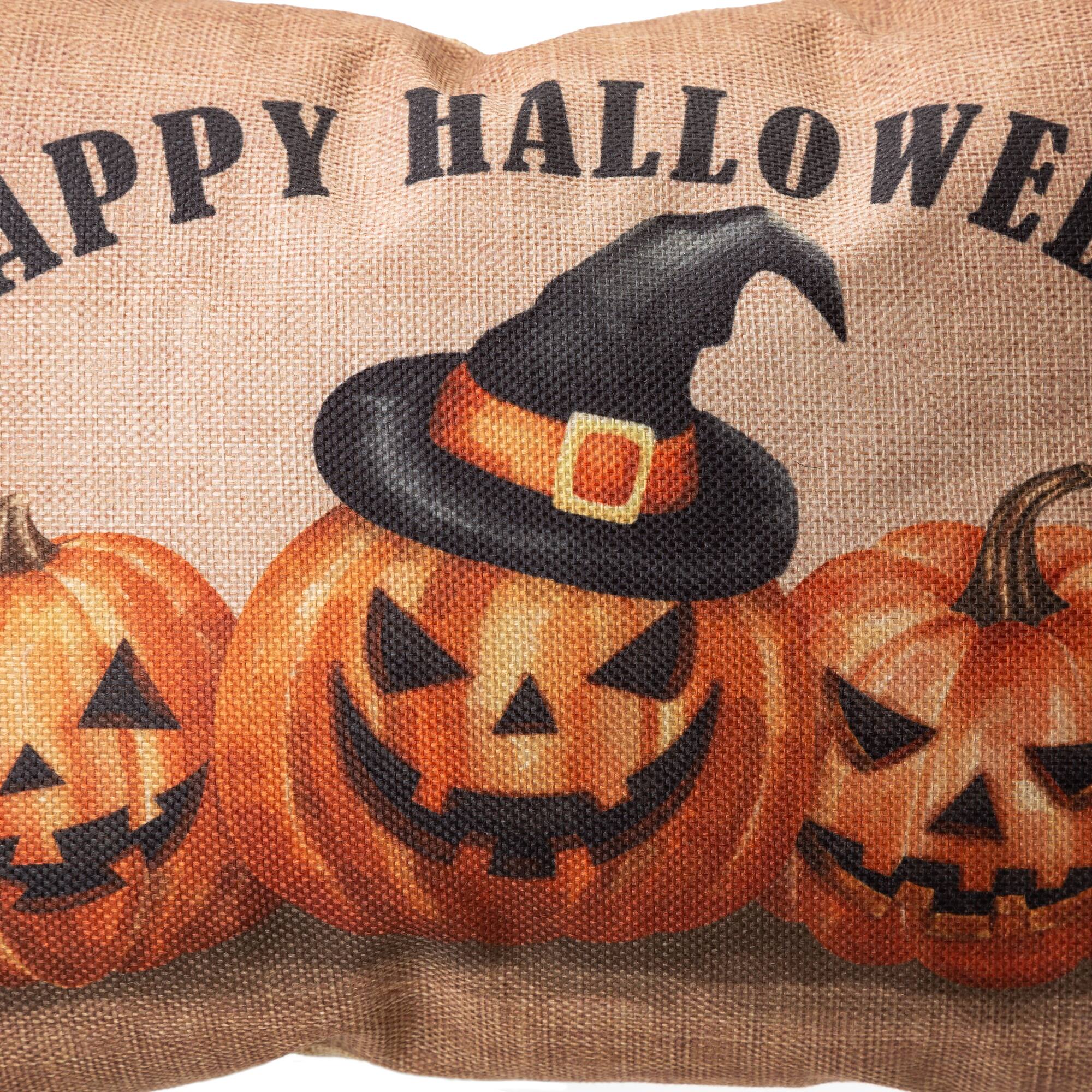 Glitzhome&#xAE; Faux Burlap Happy Halloween Pumpkin Pillow