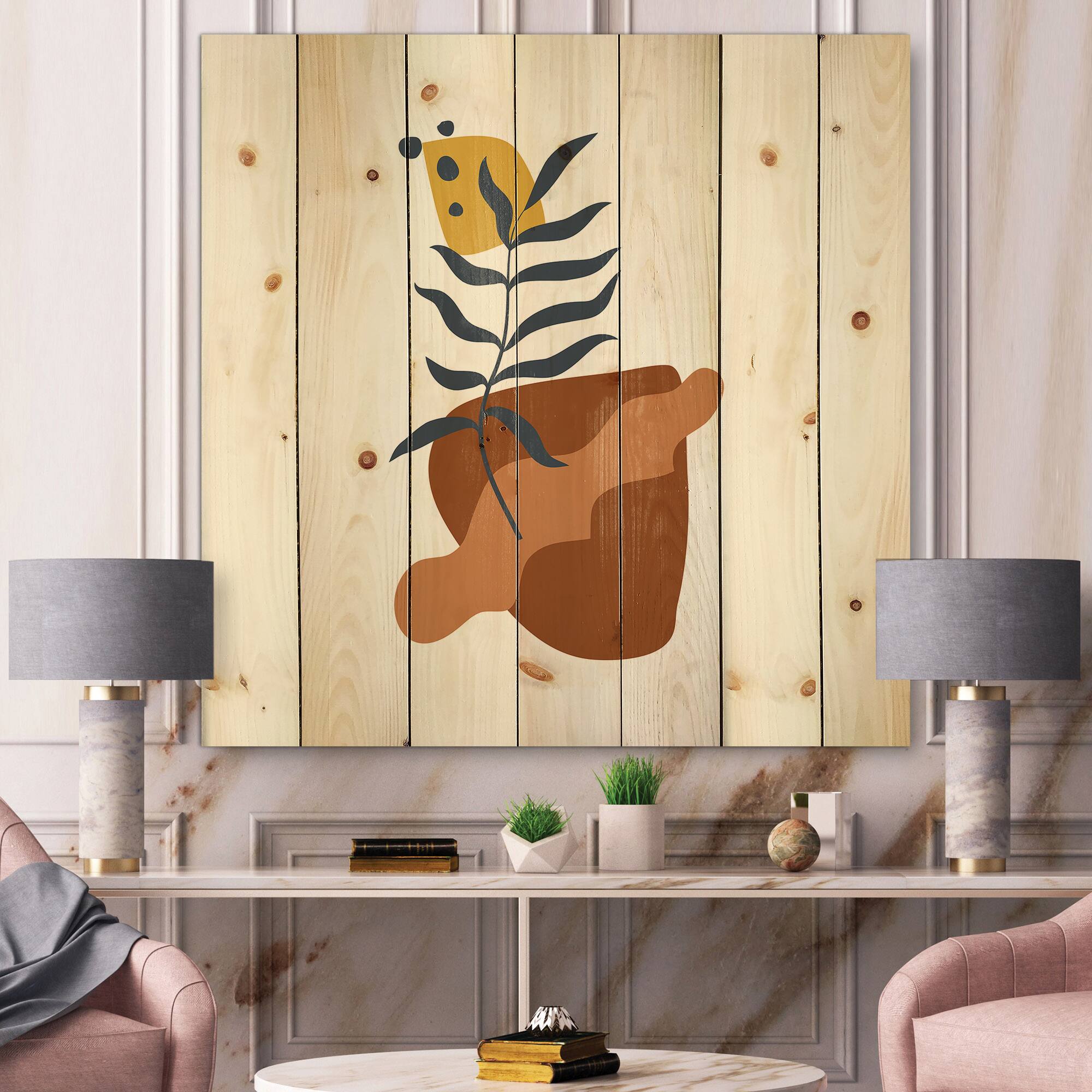 Designart - Elementary Shapes With Abstract Flowers Plants VI - Modern Print on Natural Pine Wood