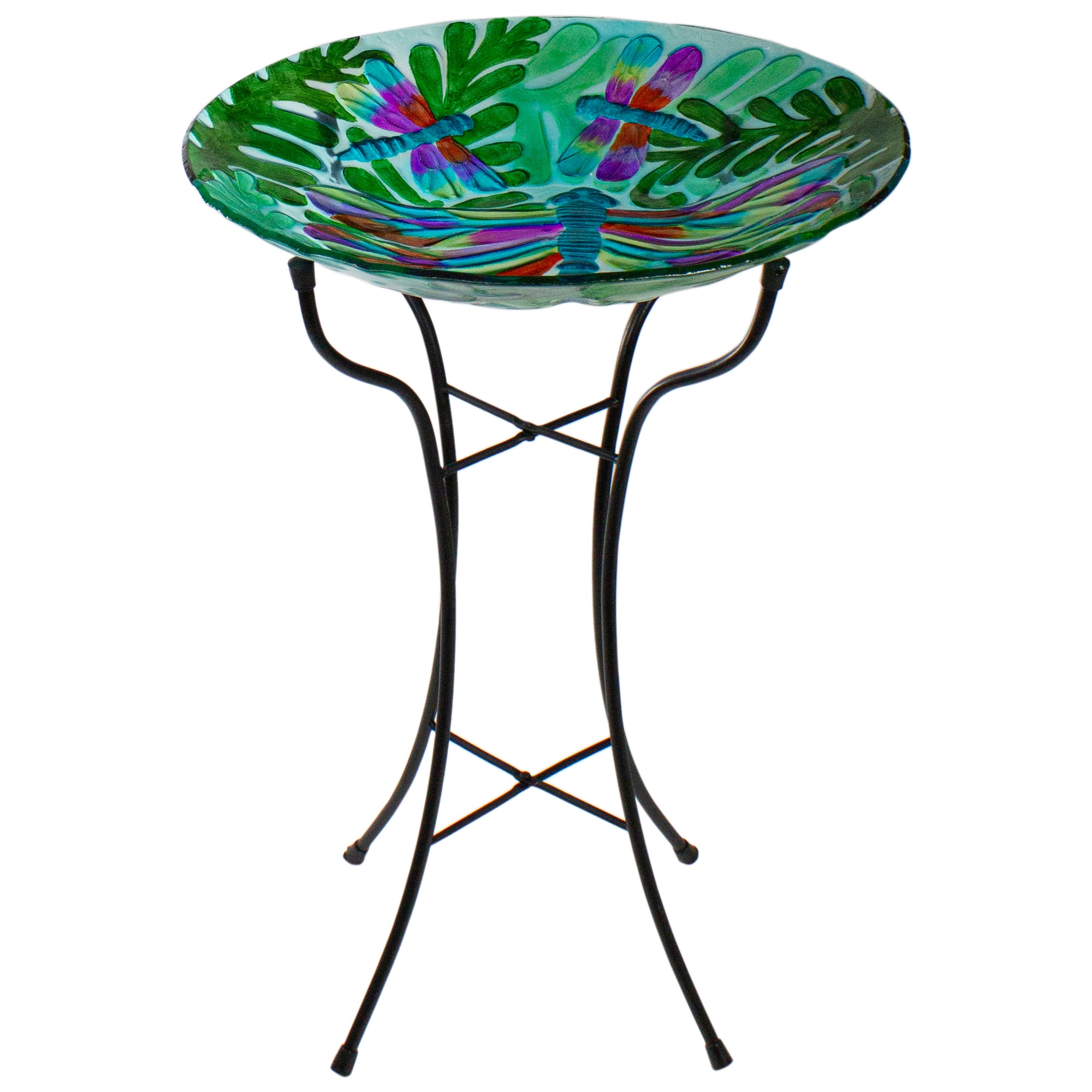 18&#x27;&#x27; Colorful Dragonfly with Green Leaves Hand Painted Glass Birdbath