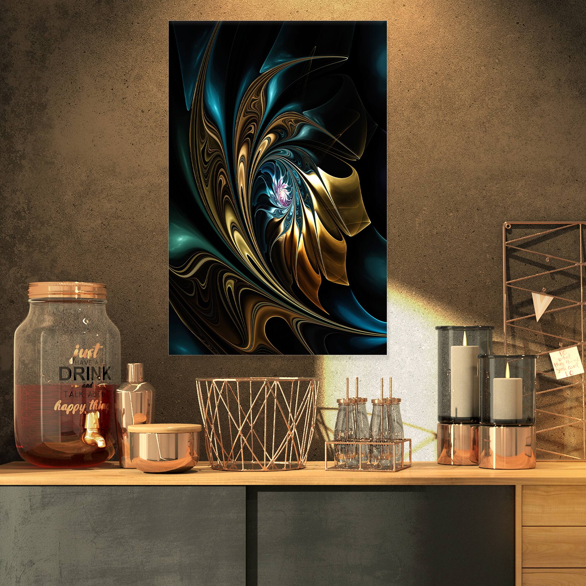 Designart - Brown Blue Fractal Flower in Black - Oversized Abstract Canvas Art