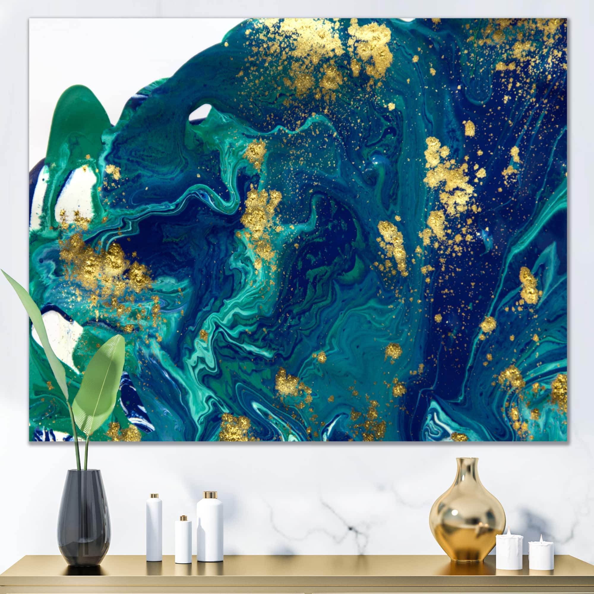 Designart - Golden Marble On Dark Blue Universe - Modern Canvas Wall Art Print