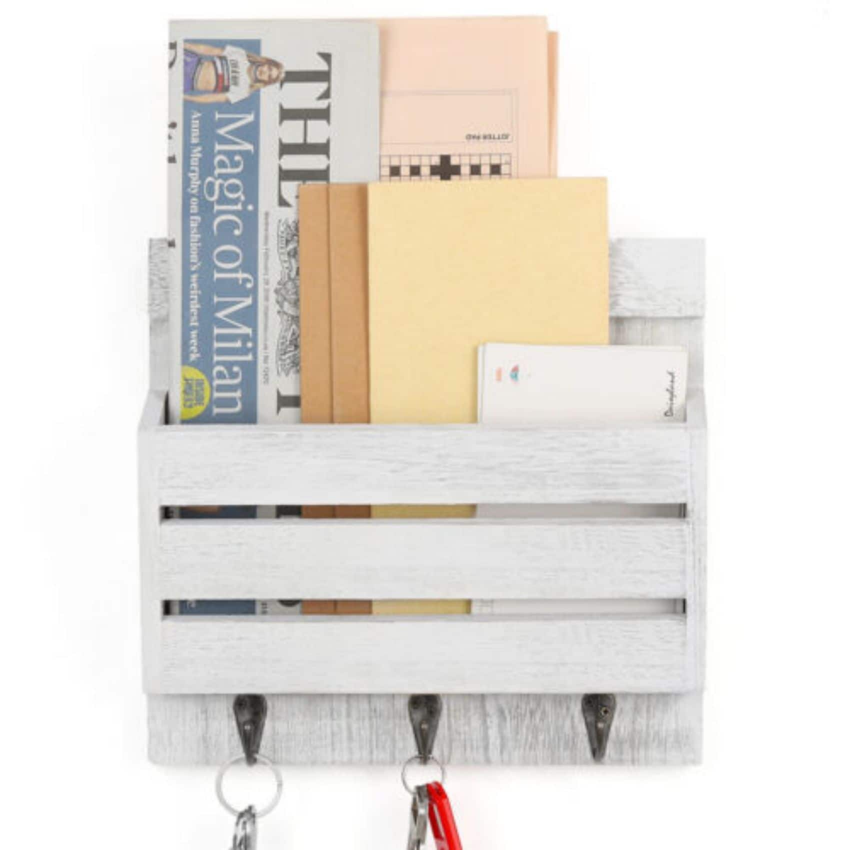 NEX&#x2122; 10&#x22; Rustic White Gray Wood Wall-Mounted Mail &#x26; Key Holder Organizer with 3 Key Hooks