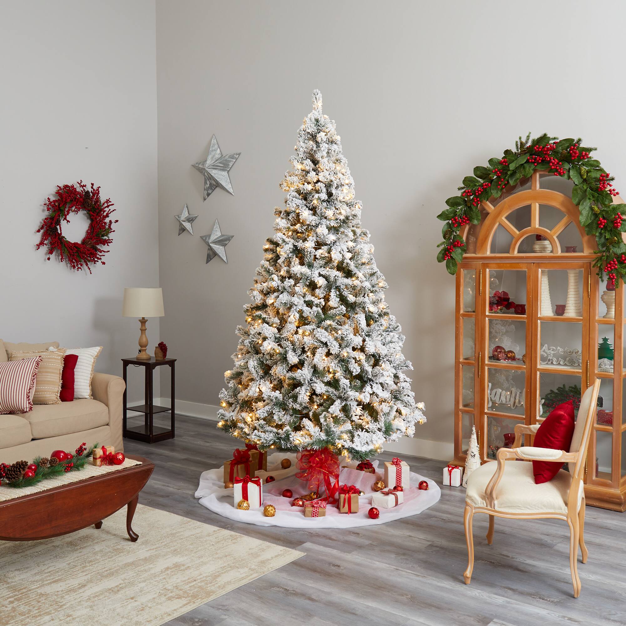 10ft. Pre-Lit Flocked West Virginia Fir Artificial Christmas Tree, Clear LED Lights