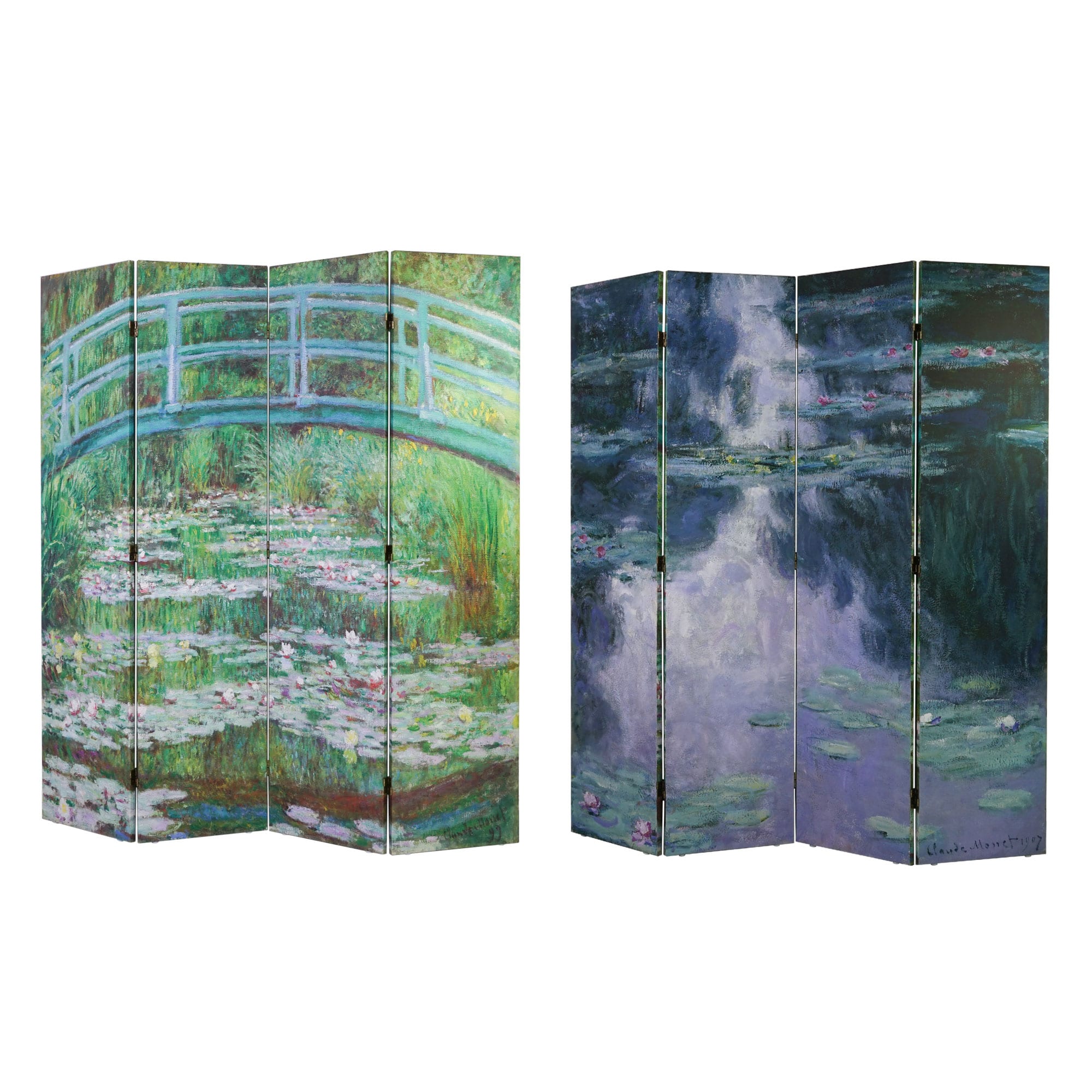 American Art Decor™ 6ft. Double-Sided 4-Panel Monet Water Lilies and Japanese Footbridge Canvas Privacy Screen