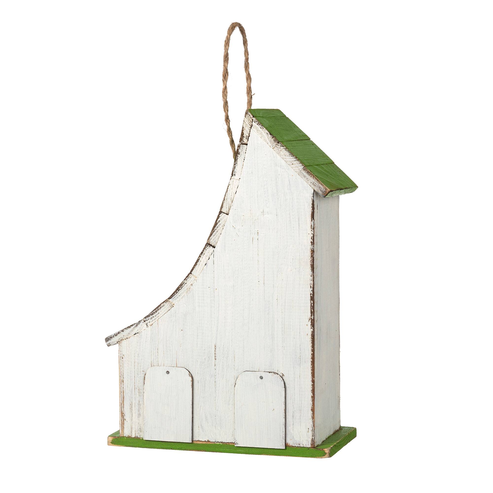 Glitzhome® 13" White Distressed Wood Birdhouse with Green Roof