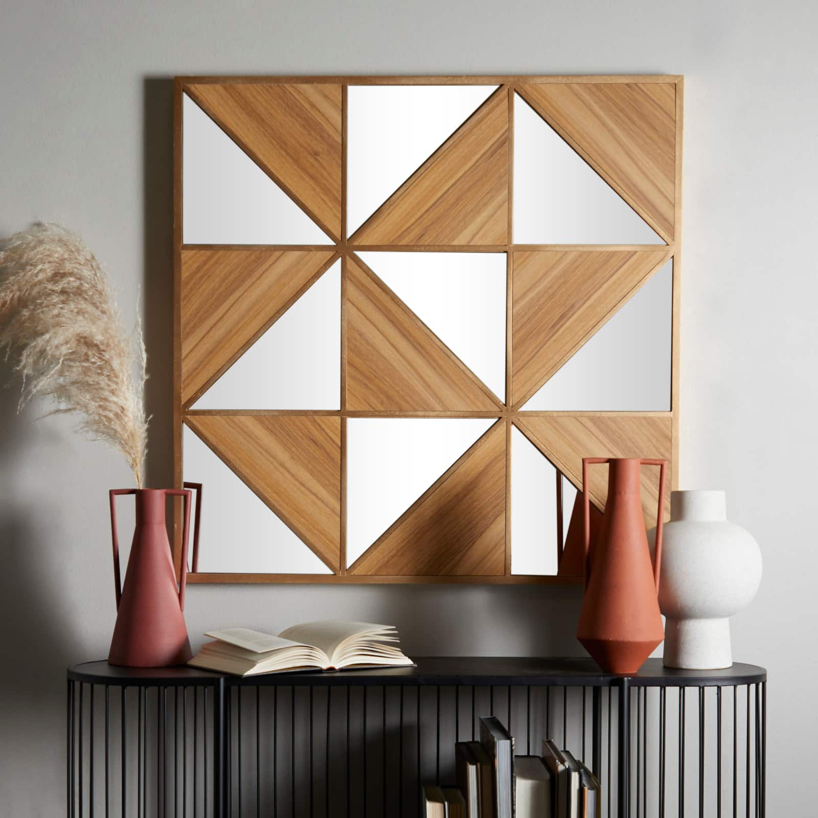 Light Brown Wood Triangle Mirrored Geometric Wall Decor 36" x 2" x 36"